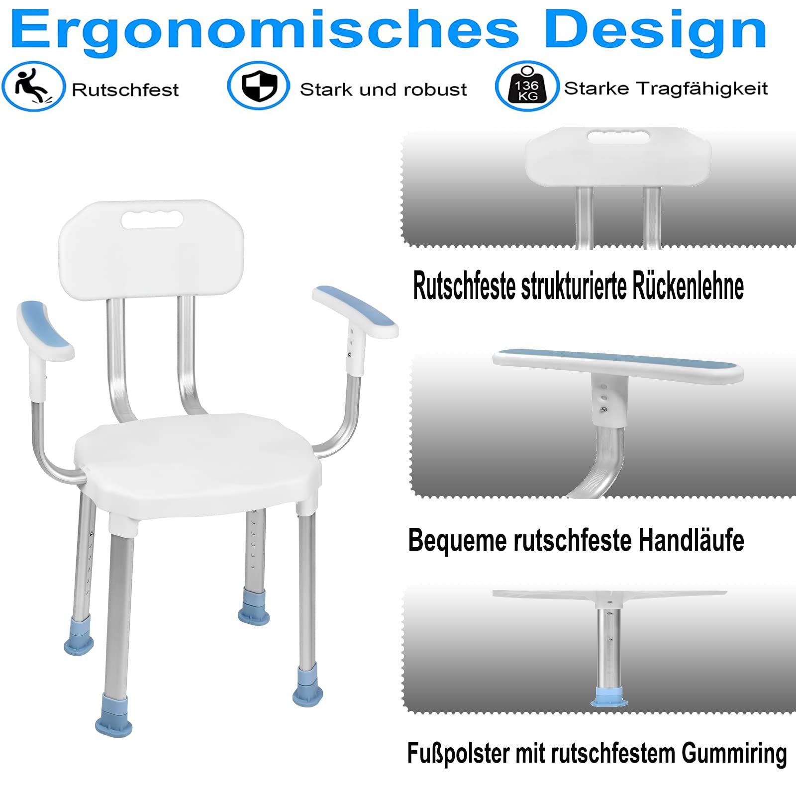 Aufun Silla de Ducha con Respaldo y reposabrazos,Antideslizante,Taburete de Ducha Regulable en Altura,Silla de Ducha para Mayores- Tipo C,Blanco,CST-3066