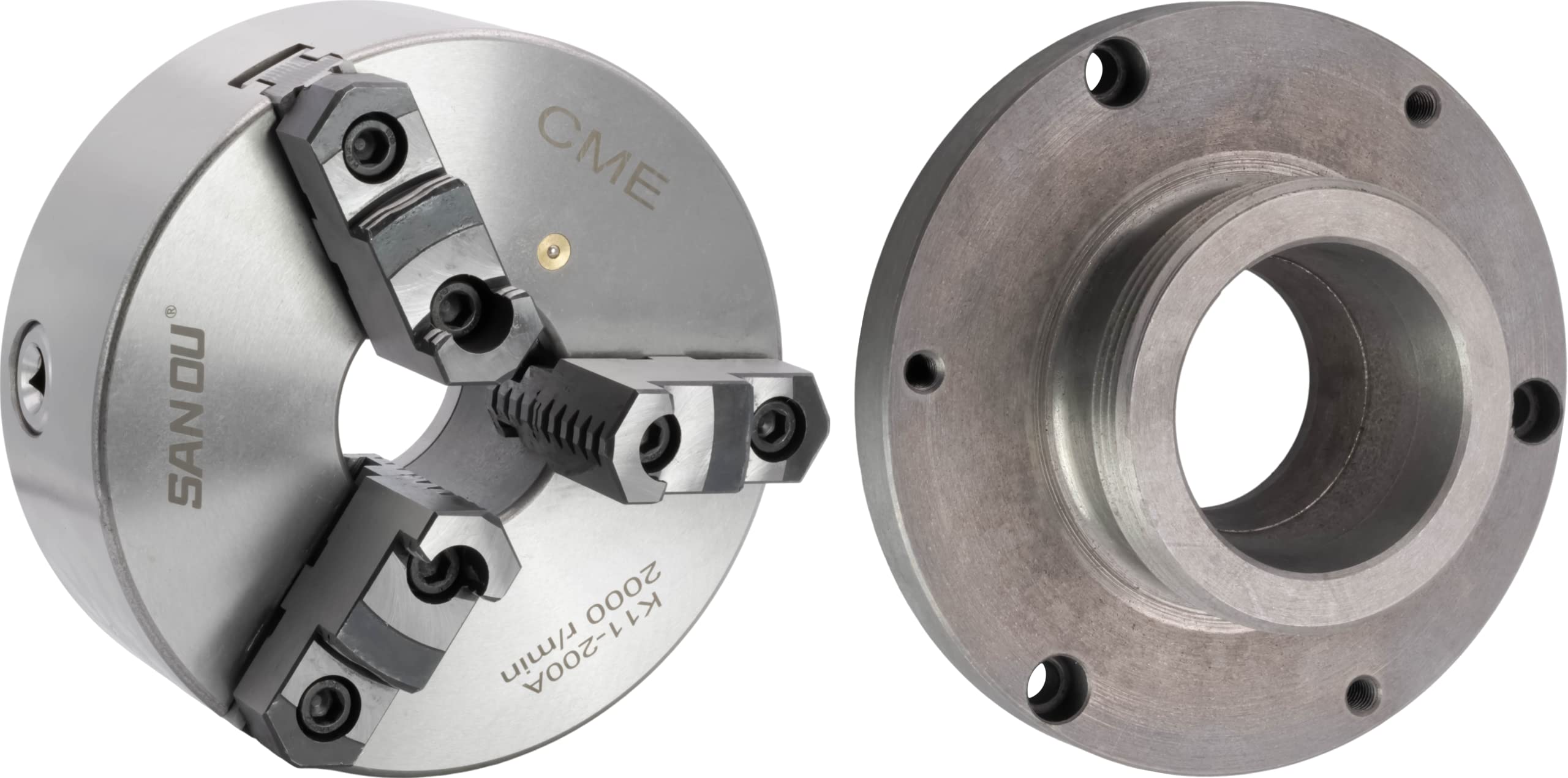 CME 8" 3-Jaw Self-Centering (Scroll) Lathe Chuck with L0 Long Taper Backing Plate, Two-Piece Reversible Jaws