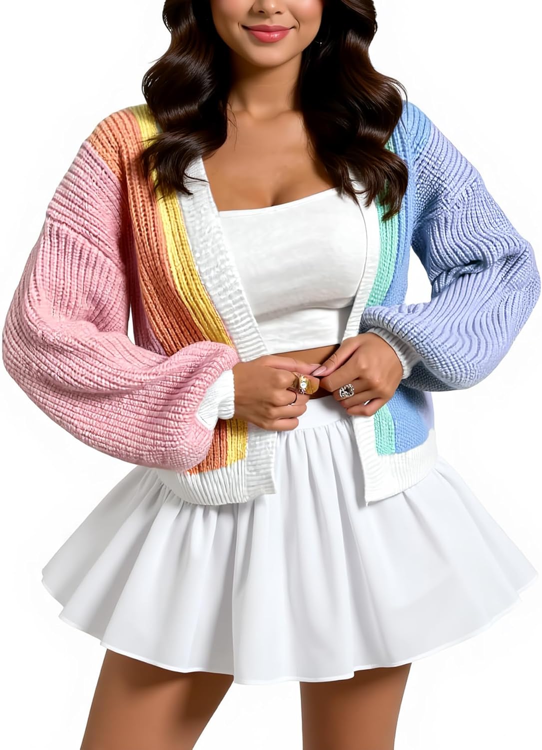 Women's Color Block Open Front Rainbow Light Cardigan Long Sleeve Chunky Knit Sweater Loose Cropped Tops - Image 6