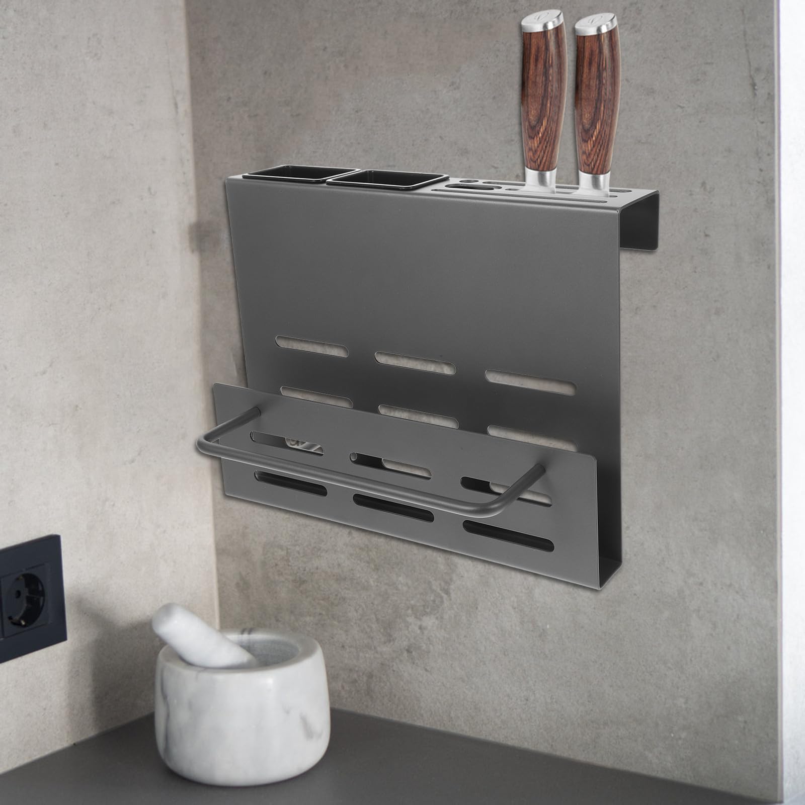 ULTECHNOVO Porte-ustensiles Mural en Abs et Acier Inoxydable pour Rangement Multifonction Support Planche à Découper et Porte-baguettes, la Cuisine Moderne