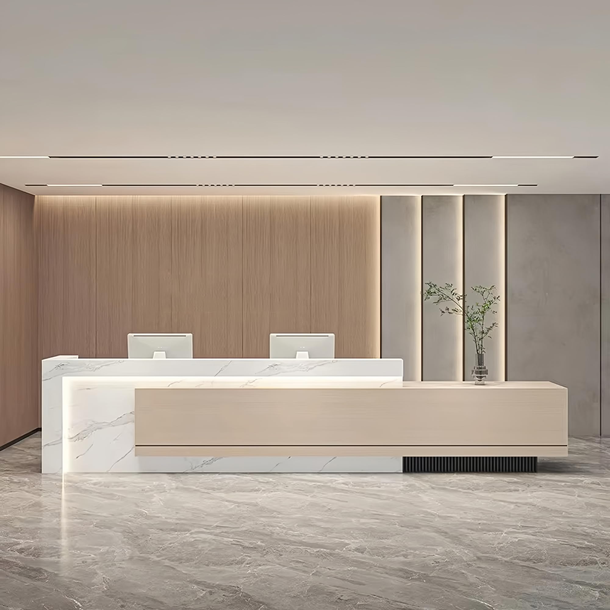 162 cm große Rezeptionisten-Theke, Arabescato Corchia & Holzmaserung, Empfangsheke, geeignet für Büroempfang, Salon-Empfangsraum, Einzelhandelsgeschäft, Kasse