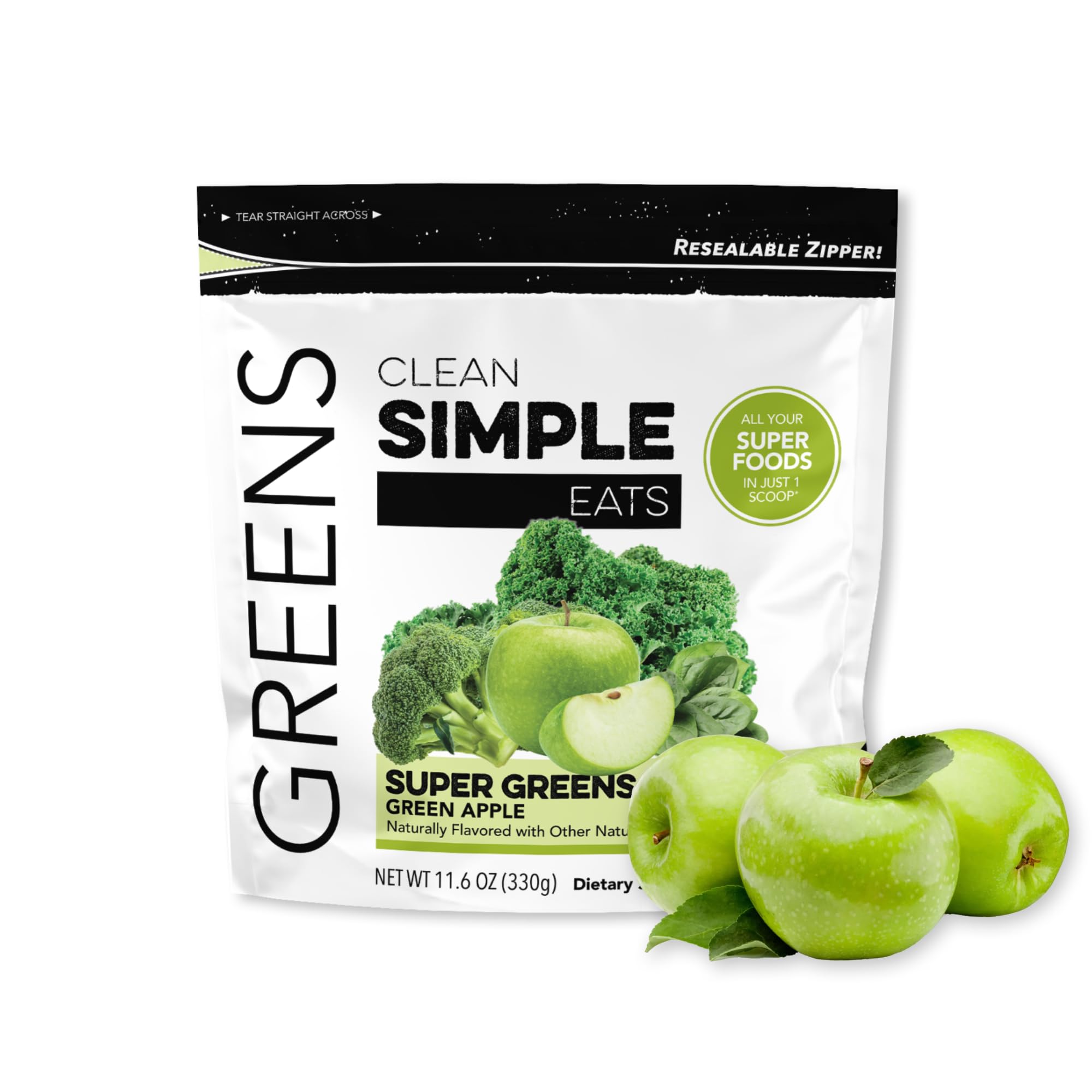 Clean Simple Eats Green Apple Greens Powder Mix, Greens Superfood Powder Smoothie & Juice Mix, Gluten Free, Includes Powerhouse Superfoods Chlorella & Spirulina Powder Organic (30 Servings)