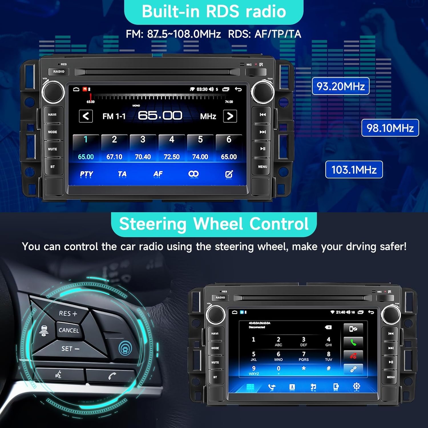 Car Radio for Chevy Silverado Tahoe GMC Sierra Yukon 2007-2013, Android 14 2+64G Double Din Car Stereo with Bluetooth, 7" HD Touchscreen with Apple CarPlay, Android Auto, Backup Camera, GPS, RDS