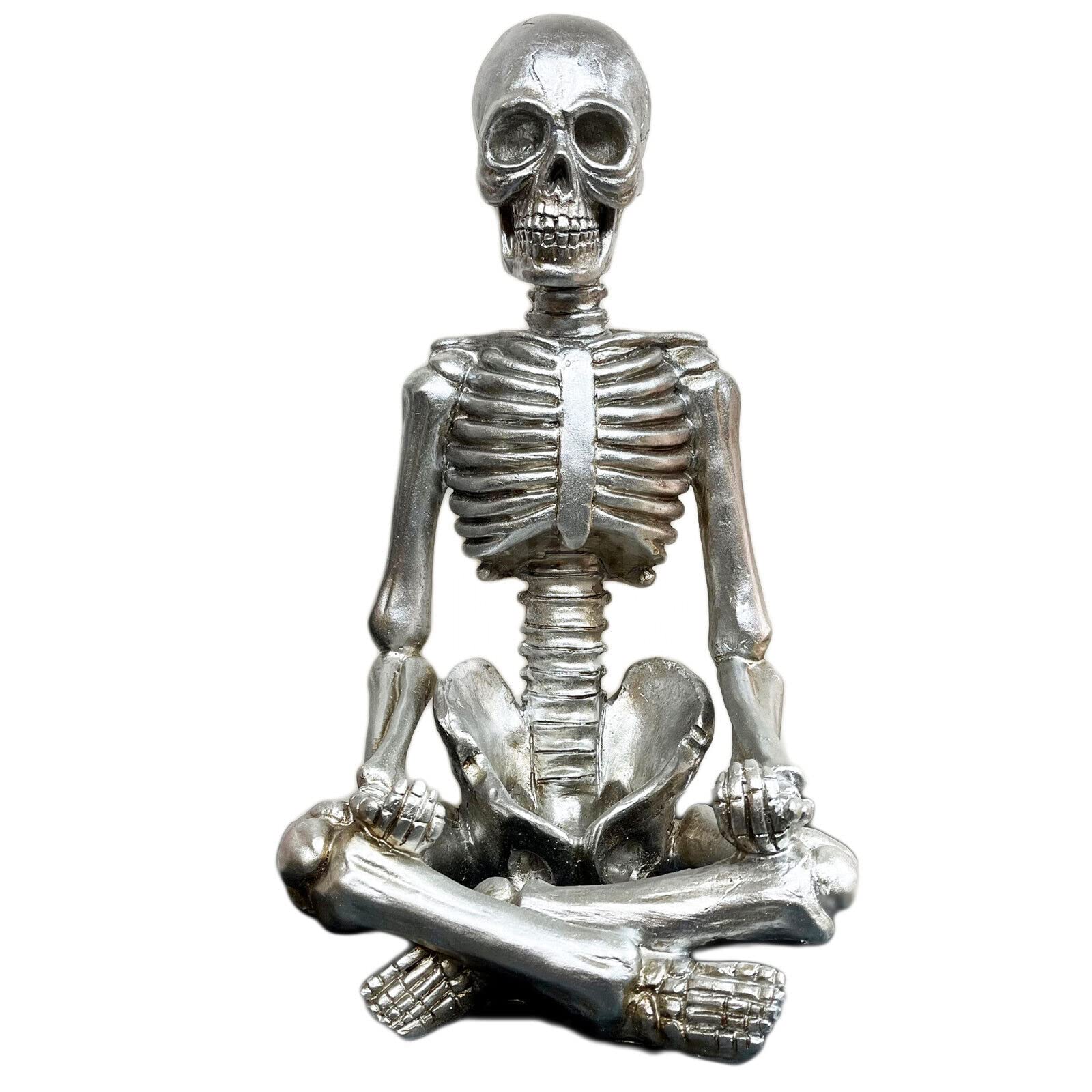 Darthome Chrome Large Silver Yoga Skeleton Ornament Large Meditating Pose Gothic Halloween Sculpture