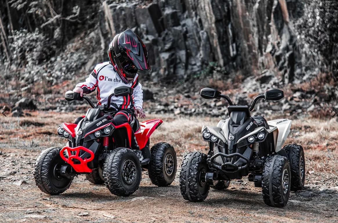 FINOOS Quad Eléctrico para Niños 24V Can-Am Renegade, +3 Años con 4 x 200W Motores Faros Música Neumáticos de Suspensión Botones Avance y Retroceso Vehículo Eléctrico a Batería 4x4 (Rojo)