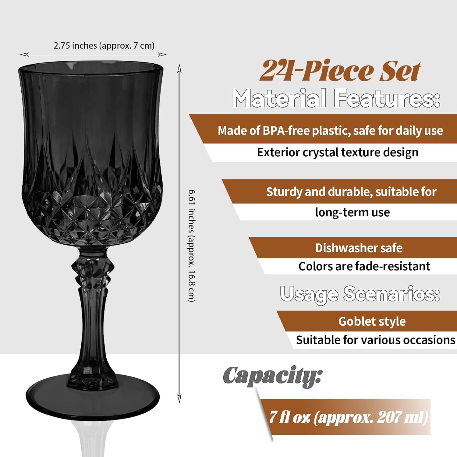 Teruntrue 24 Pcs Black Plastic Wine Glasses Vintage Wine Glass for Parties Crystal Plastic Goblets Drinking Glasses Reusable Drinkware for Wedding, Valentine’s Day, Parties, Grand Event