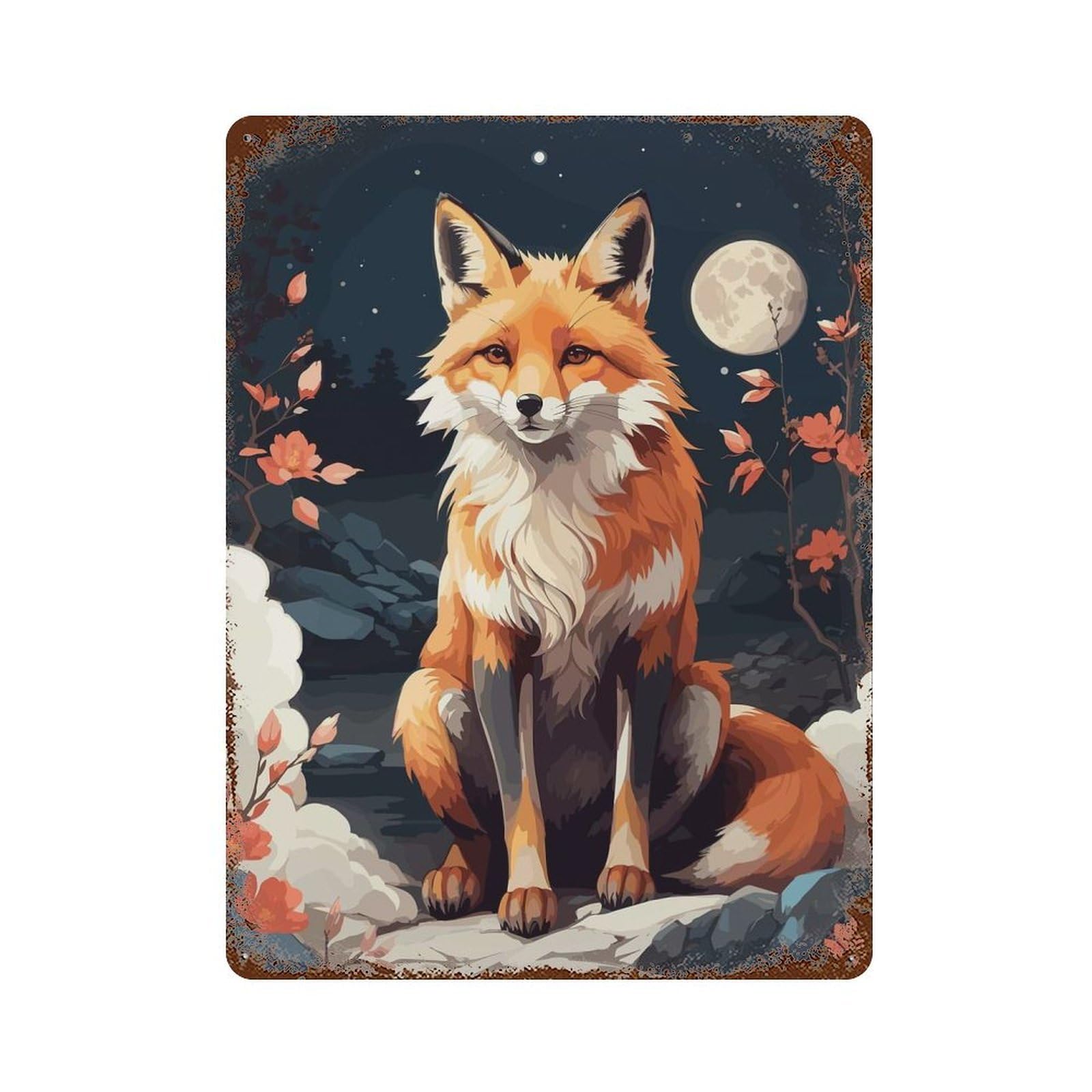 Garage Style FOX AND FLOWER Distressed Metal Wall Sign 15.7"x11.8", Shabby Chic Decor for Bar And Workshop