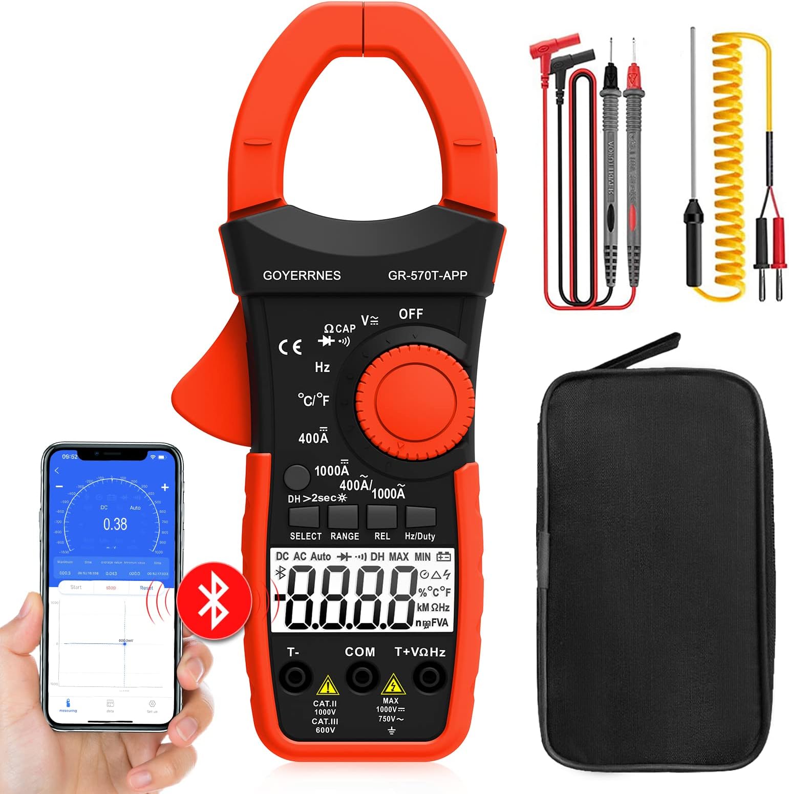 Multi Meter,Digital Clamp Meter, TRMS 4000 Counts Amp Meter,GR-570T-APP Auto Range Tester with Mobile APP Measures AC/DC Voltage and Current/Resistance/Capacitance/Temperature/Continuity/Diodes