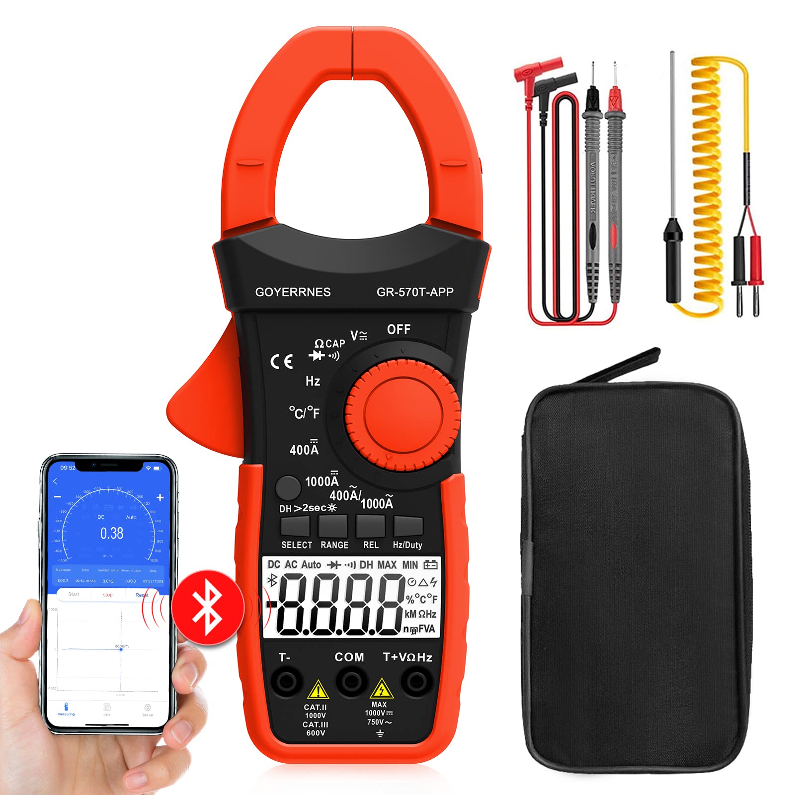 Multi Meter,Digital Clamp Meter, TRMS 4000 Counts Amp Meter,GR-570T-APP Auto Range Tester with Mobile APP Measures AC/DC Voltage and Current/Resistance/Capacitance/Temperature/Continuity/Diodes