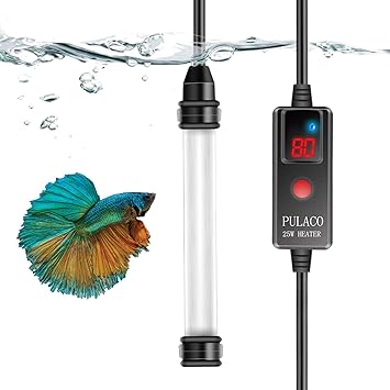 PULACO 25W Mini Aquarium Heater with External Controller & LED Temperature Display, Adjustable Submersible Betta Fish Tank Thermostat