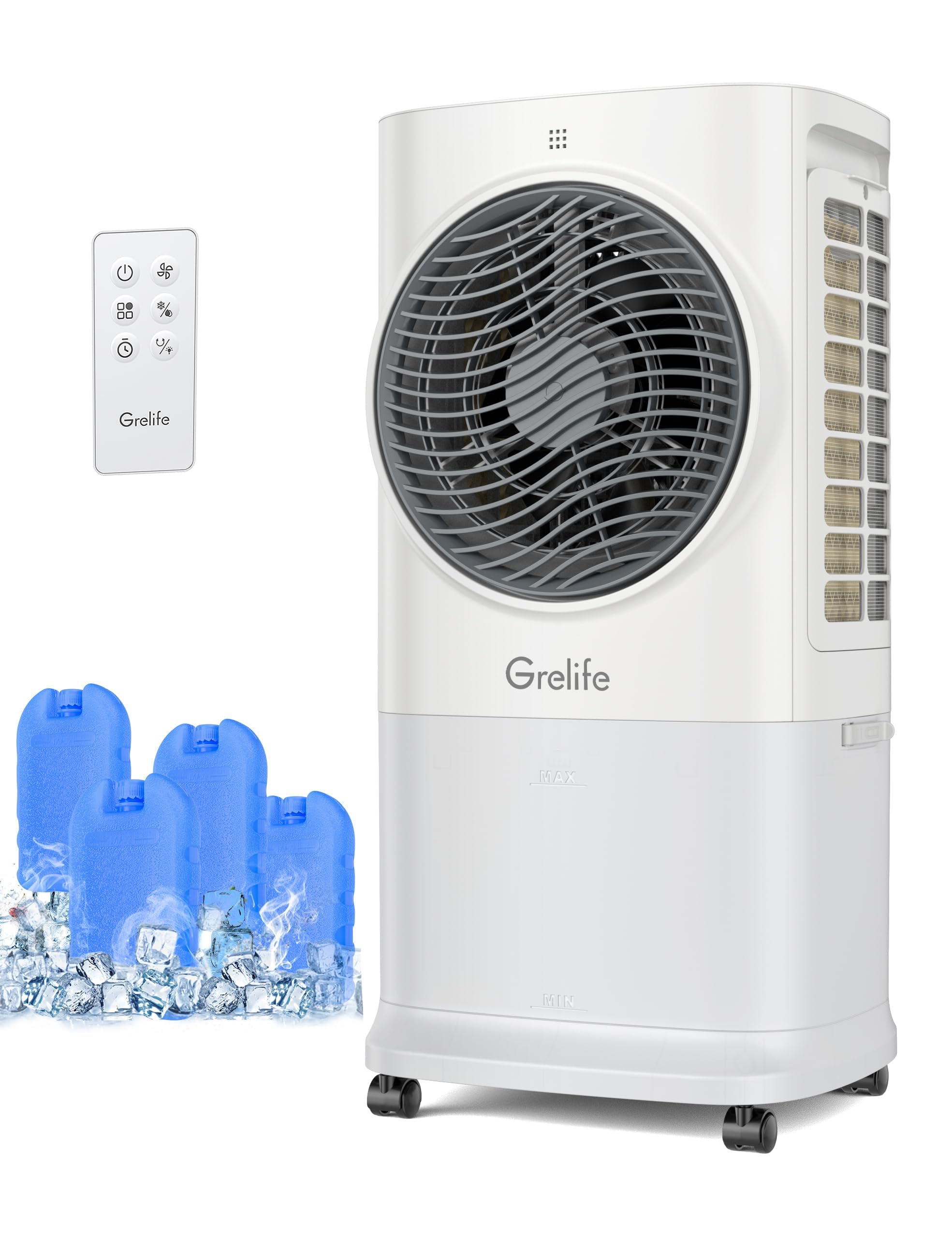 GrelifePortable Evaporative Air Cooler, 3-IN-1 Air Cooler Cooling Fan with Remote Control, 8H Timer, 4 Ice Packs, 6.5L Water Tank, 3 Modes, 3 Speeds, Personal Swamp Cooler for Bedroom/Office/Home