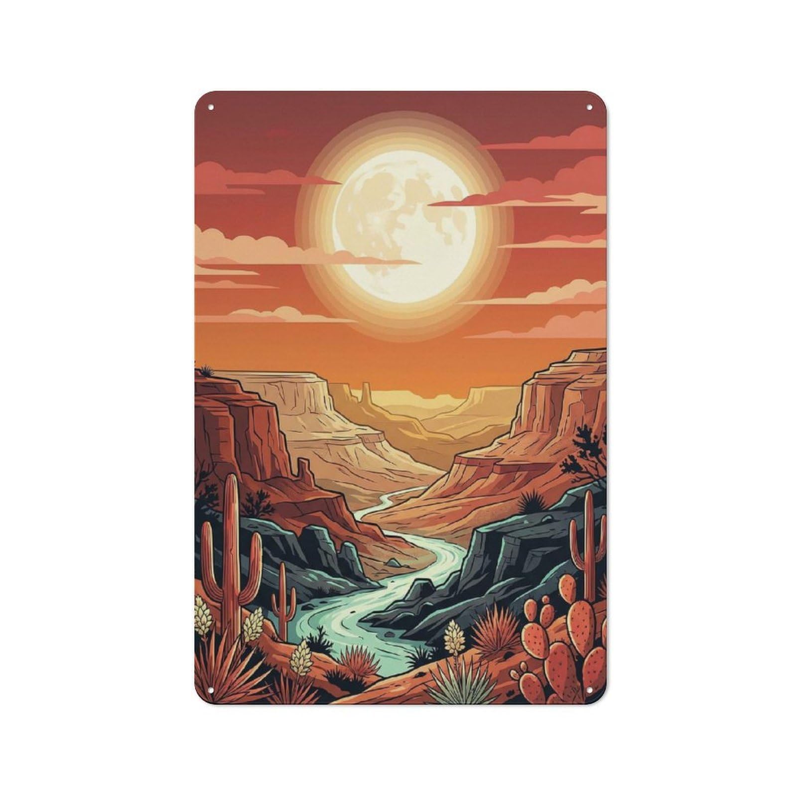 Junmoney Style-11 Tin Wall Plaque 30X20cm With Desert Canyon Sunset With Moon For Guest Room Or Hallway, A Decorative Christmas Gift For Home Decor Collectors