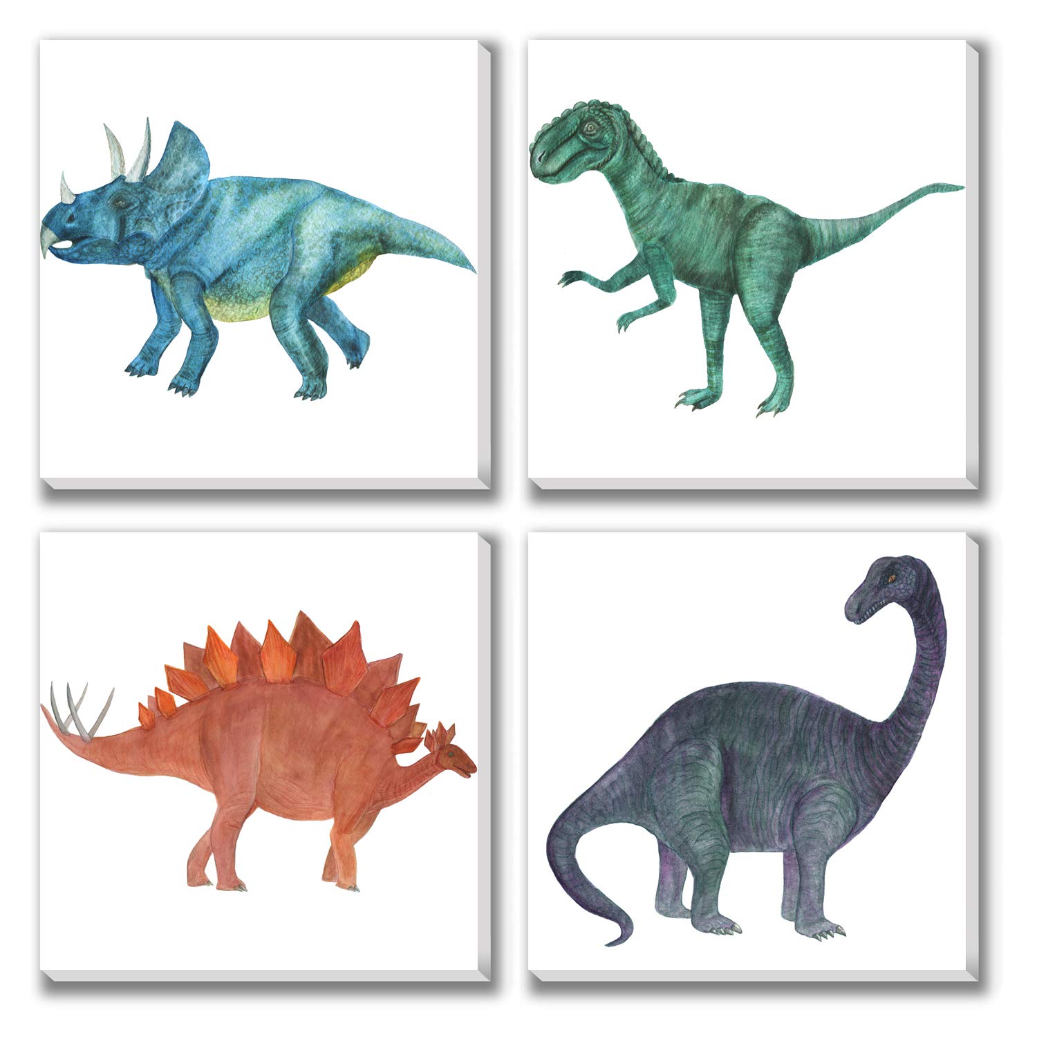 TEXTURE OF DREAMS Boy Room Cool Dinosaur Painting Print on Canvas Wall Art Tyrannosaurus Stegosaurus Triceratops Painting Artwork Giclee Printing Wall Decor Home Decoration, 4 Pack (14" x 14")