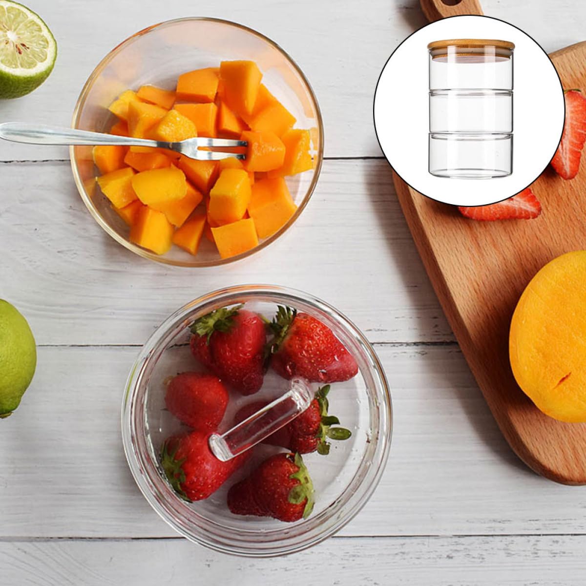 Bol de Ensalada de Vidrio con Tapa, Juego de 1, Bambú | Apilable y Ahorro de Espacio, Fácil de Limpiar, para Restaurantes y Decoración Fotográfica