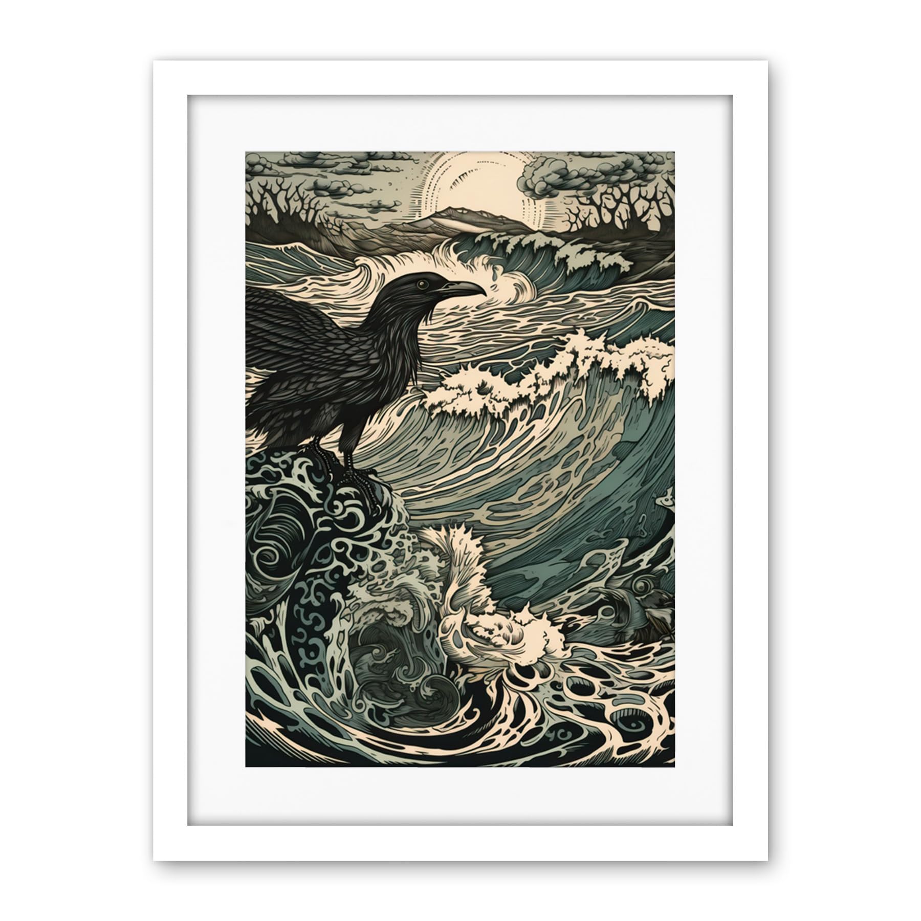 Artery8 Raven and Crashing Waves Coastal Sunrise Landscape Artwork Framed Wall Art Print 18X24 Inch