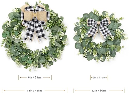 Miniatura 3 de Dremisland Corona de eucalipto artificial de búfalo de 16 pulgadas con lazo a cuadros, corona de primavera verano otoño para puerta delantera,