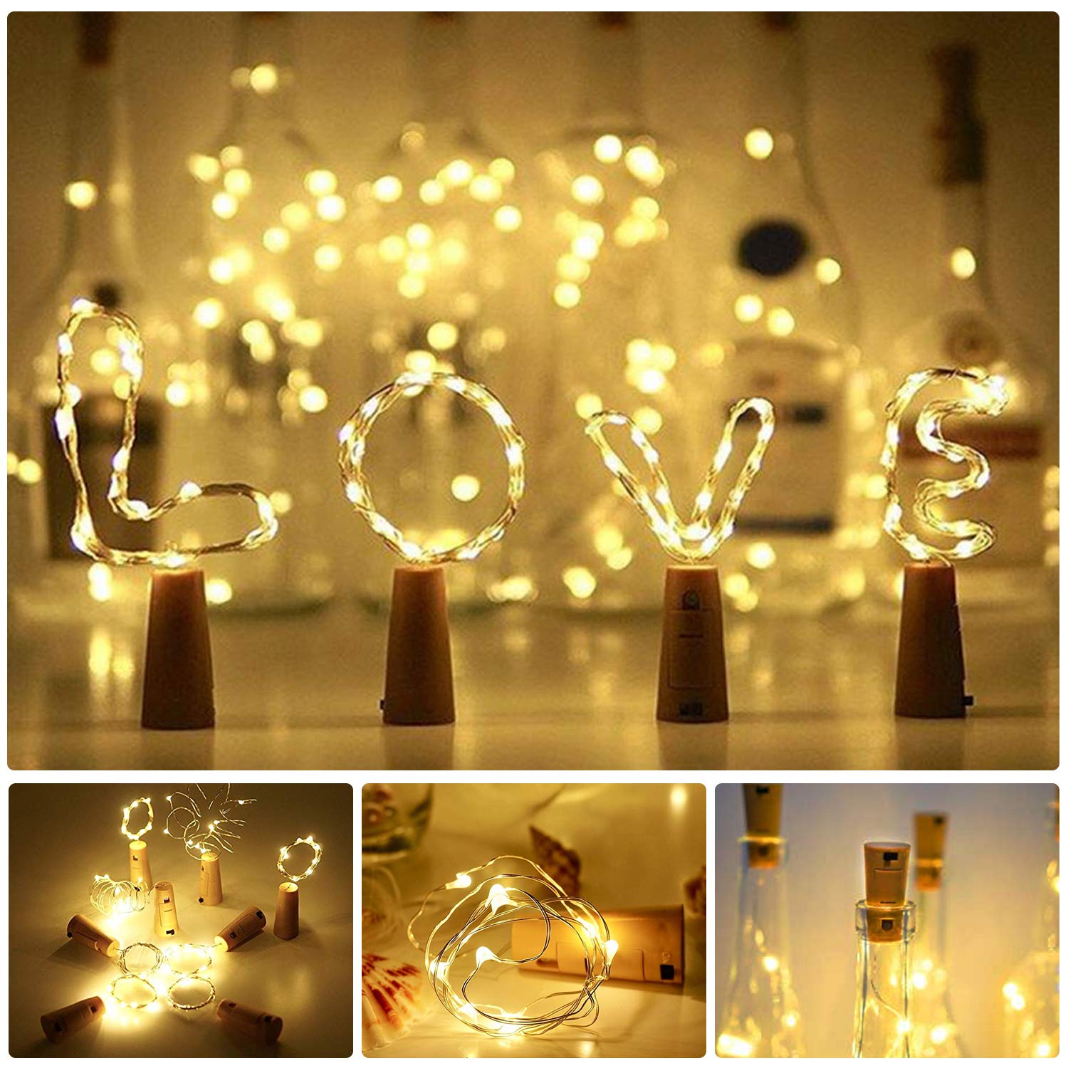12 Stück Flaschenlichter Mit Korken – 2 M, 20 LED, Batteriebetrieben, Warmweiß | Für Weinflaschen, Deko, Hochzeit, Party
