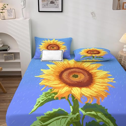 Miniatura 2 de Juego de sábanas de girasol tamaño Queen, color azul planta, sábanas y fundas de almohada estampadas de 4 piezas, sábana bajera ajustable de