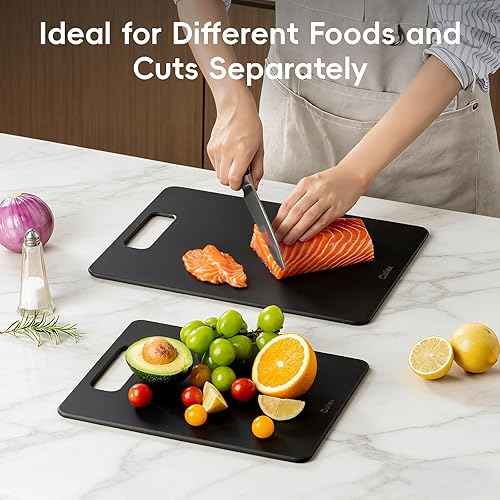 Miniatura 6 de Juego de 2 tablas de cortar de fibra de madera, tabla de cortar compuesta para cocina, apta para lavavajillas, no tóxica, sin BPA, antideslizante,