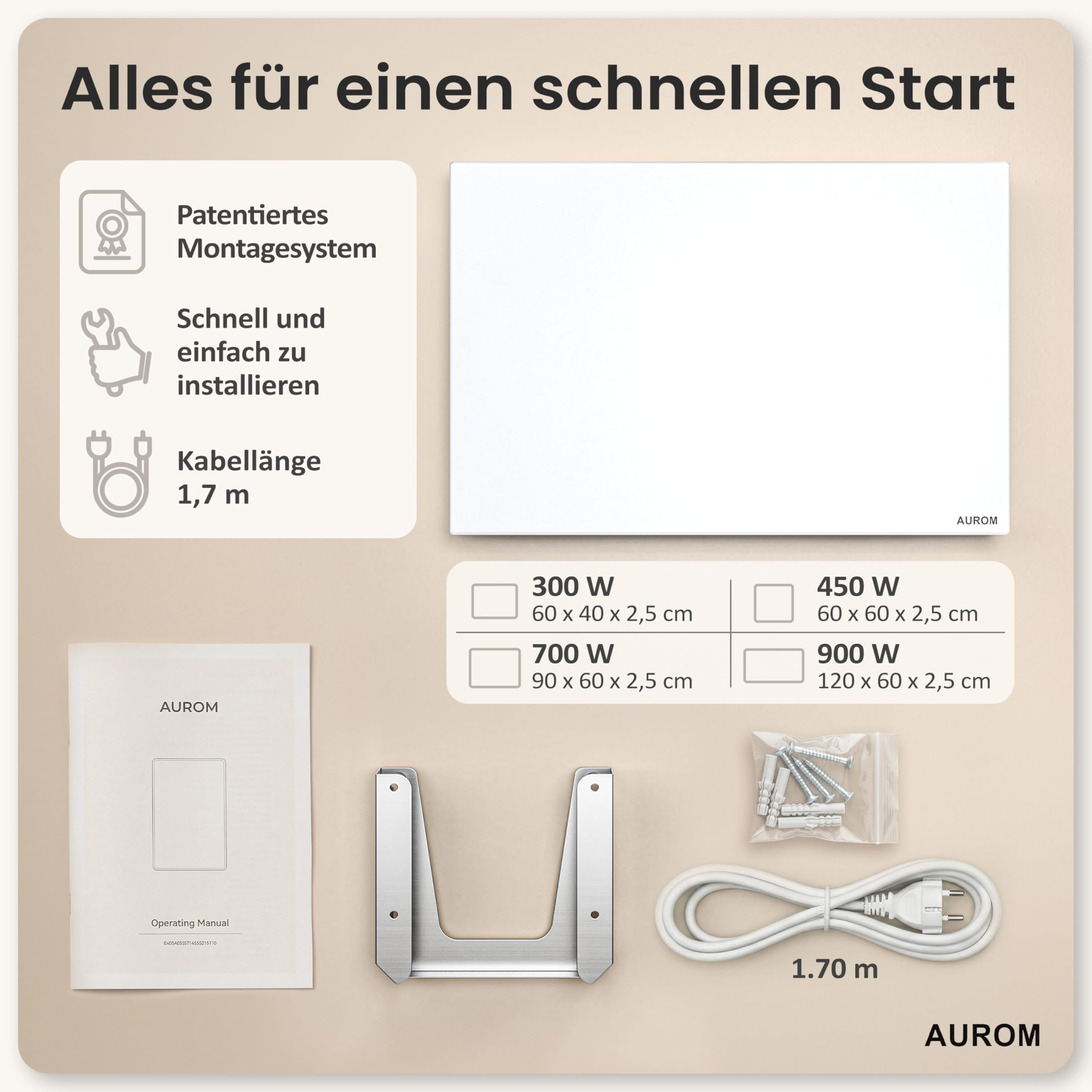 AUROM Infrarotheizung – Infrarotheizung Wandmontage & Deckenmontage – Infrarot Wandheizung aus Metall – Elektrische Heizung für Innenräume (300, Watt)