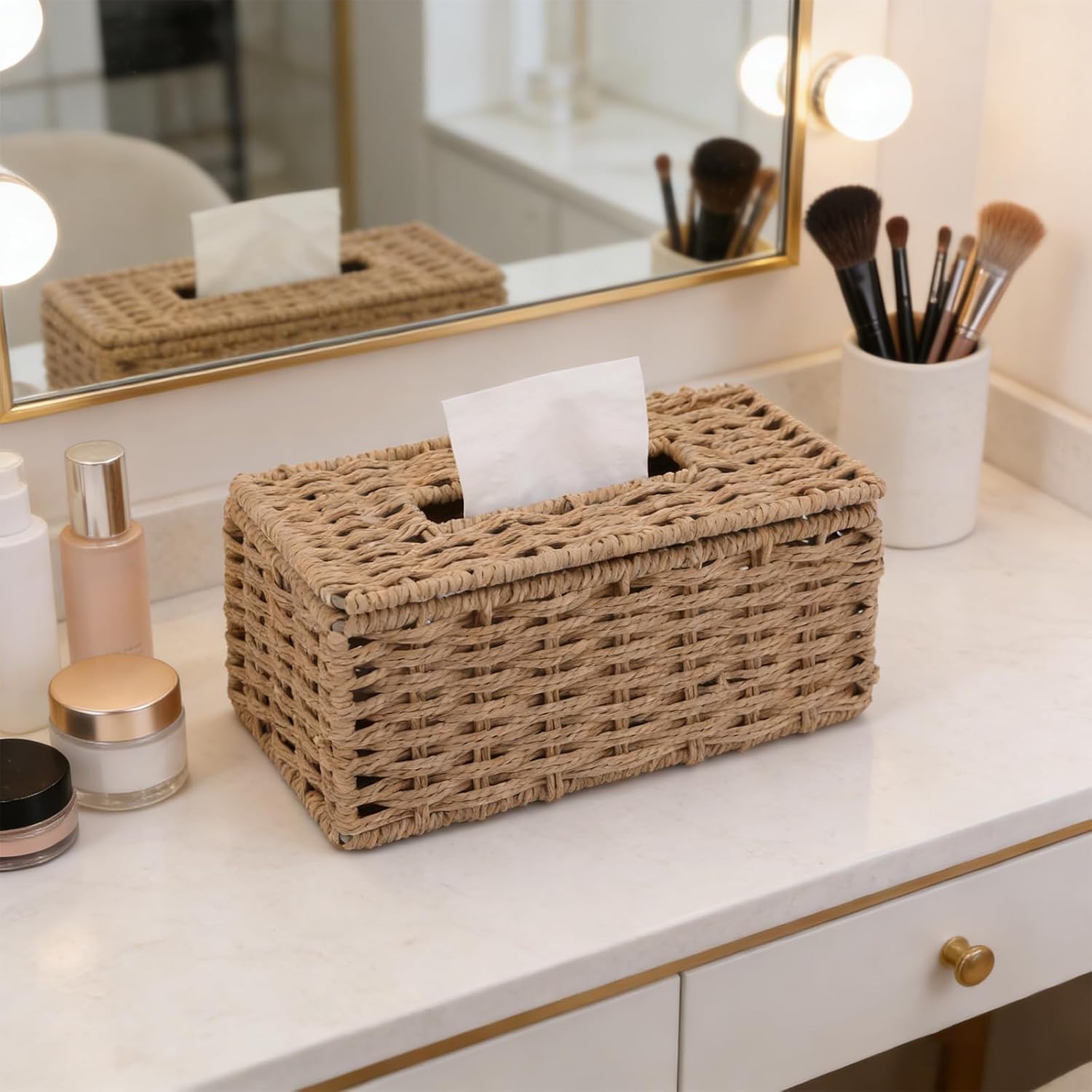 Woven Paper Box, Tissue Box Cover Rectangular, Vintage Napkin Storage Basket with Flip-Open Top, Boho Decorative Woven Facial Tissue Holder for Bathroom, Kitchen, Living Room, Bedroom(Camel) image 4