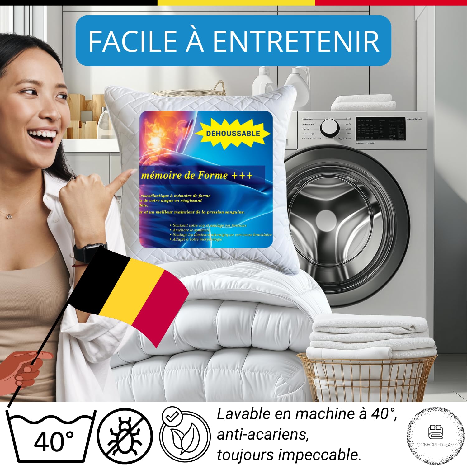 Housse De Coussin Cervical En Polyester Respirant – Pour Oreiller Mémoire De Forme, Voyage – 60x40 Cm