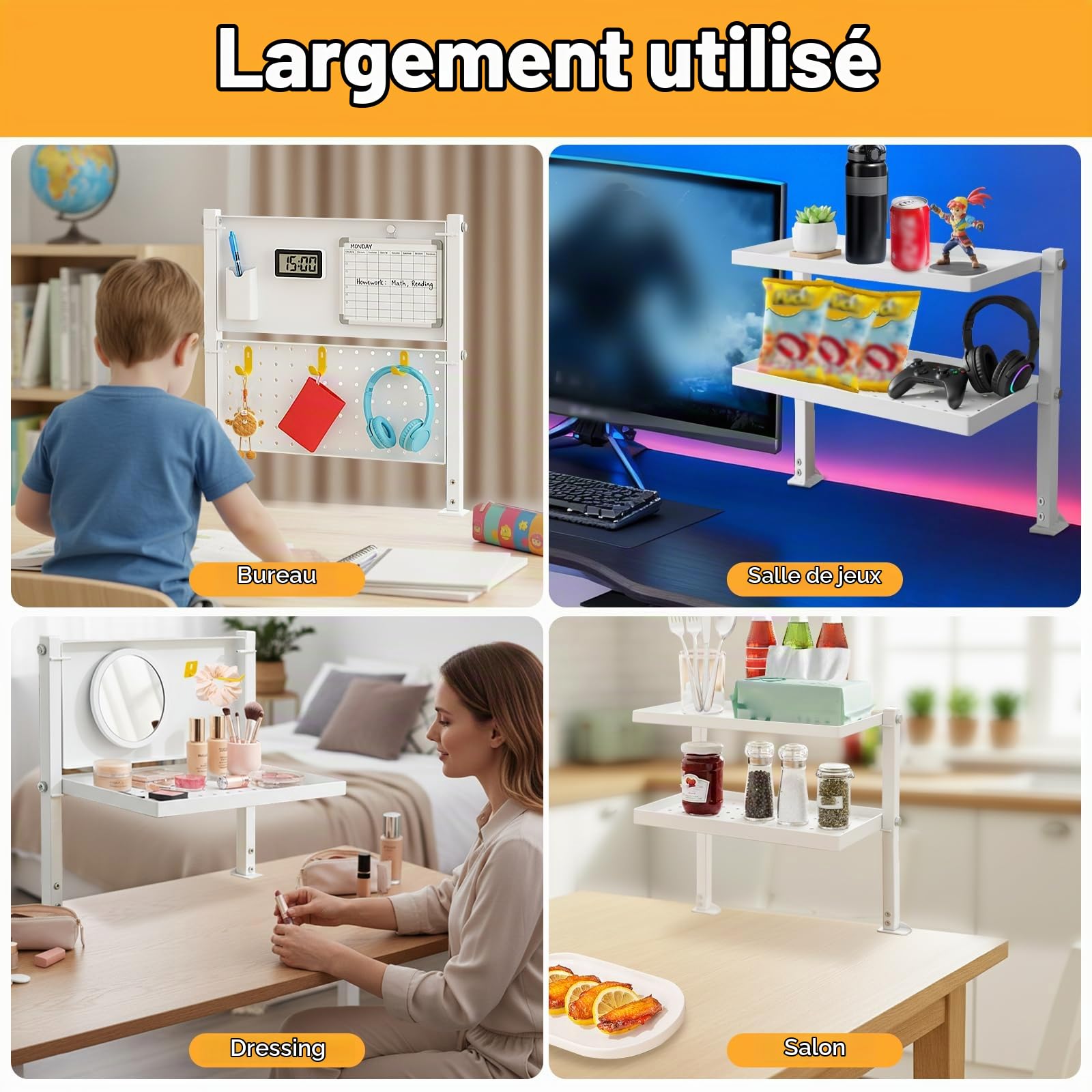 Cyiecw Clamp-on Étagère de Rangement à 2 Niveaux, Organisateur de Bureau 34 cm avec Panneau Perforé, Étagère Livre Pivotant à 270° pour la Maison, Le Bureau ou la Chambre D'étudiant, Blanc