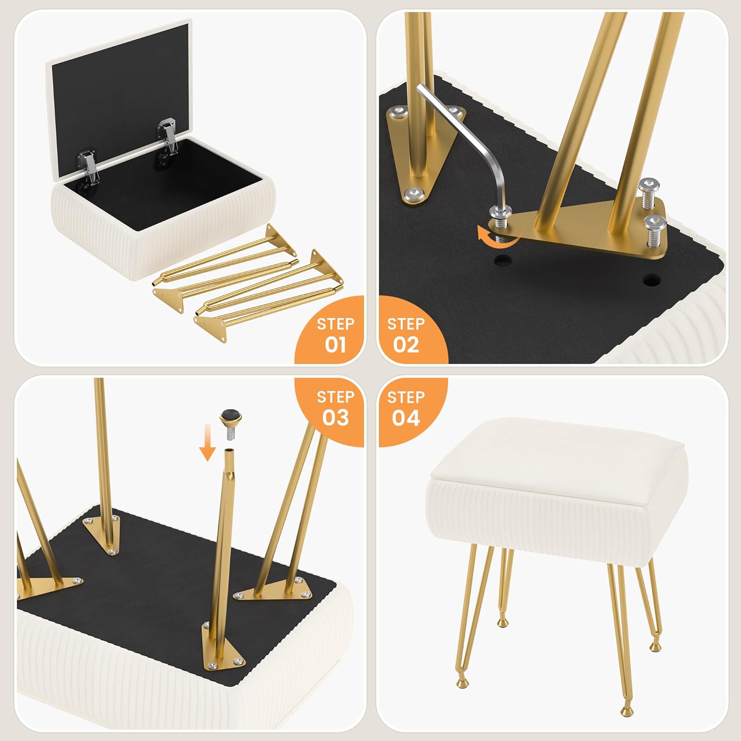 Vanity Stool Chair with Storage, Ottoman Faux Fur Soft Padded Makeup Footstools Seat with 4 Metal Legs Anti-Slip Adjustable Feet Modern Cute Small Footrest for Home Entryway Bedroom White