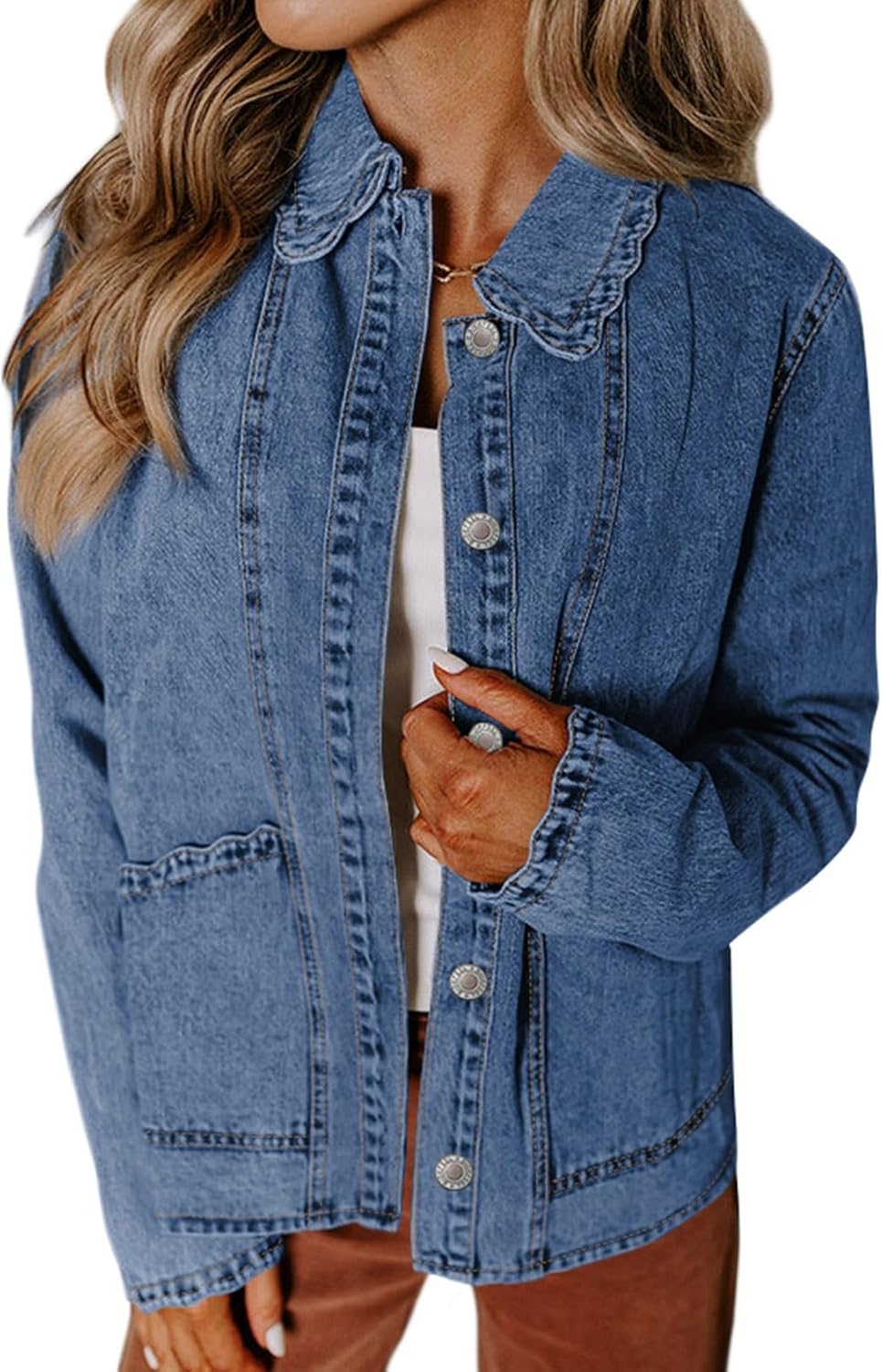 Sidefeel Women's Jean Jacket Long Sleeve Button Down Ruffled Denim Jacket Shacket