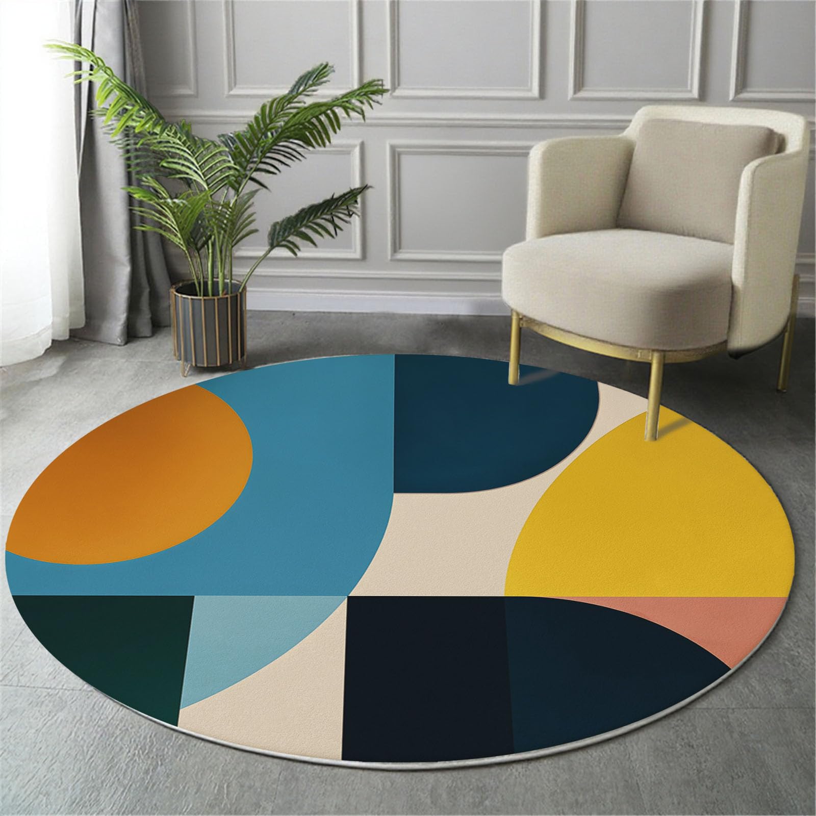 Geometry Circles Color Blocks Printed Round Blue Area Rug, Washable Non Slip Soft Modern Minimalist Style Bedside Circle Rugs, for Nursery Bedroom Kitchen Entryway Living Room Anti Slip Carpet 180cm