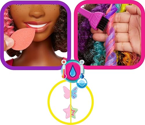 Miniatura 4 de Barbie Cabeza de muñeca totalmente peinada y más de 20 accesorios, revelación de color y piezas que cambian de color, cabello rizado marrón neón