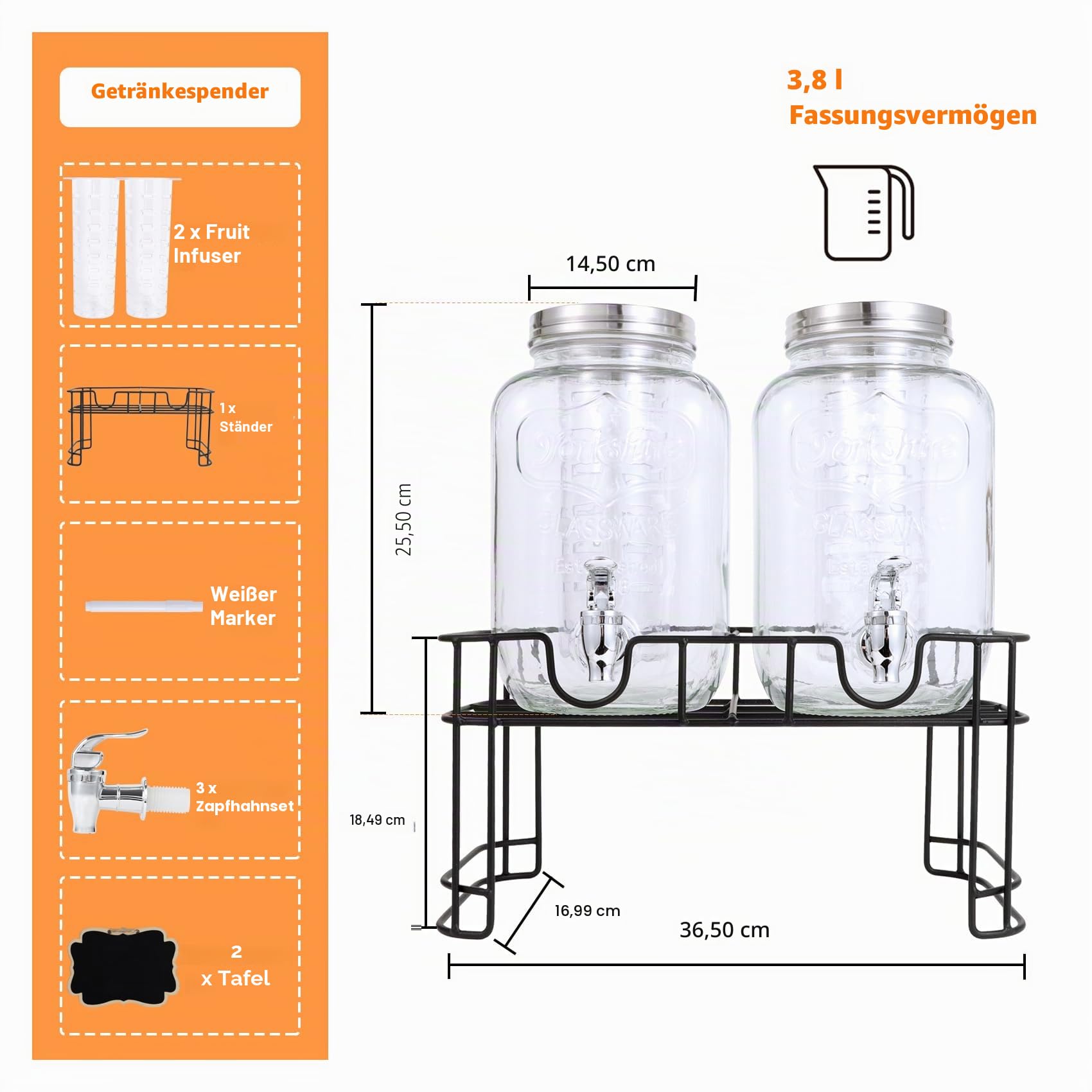 Glas Getränkespender mit Zapfhahn(Set von 2),4L/1 Gallon Getränkespender für Partys mit Ständer,Obst Infuser,Wasserspender Saft Behälter, für Cocktails,Saft,Wasser,Getränke