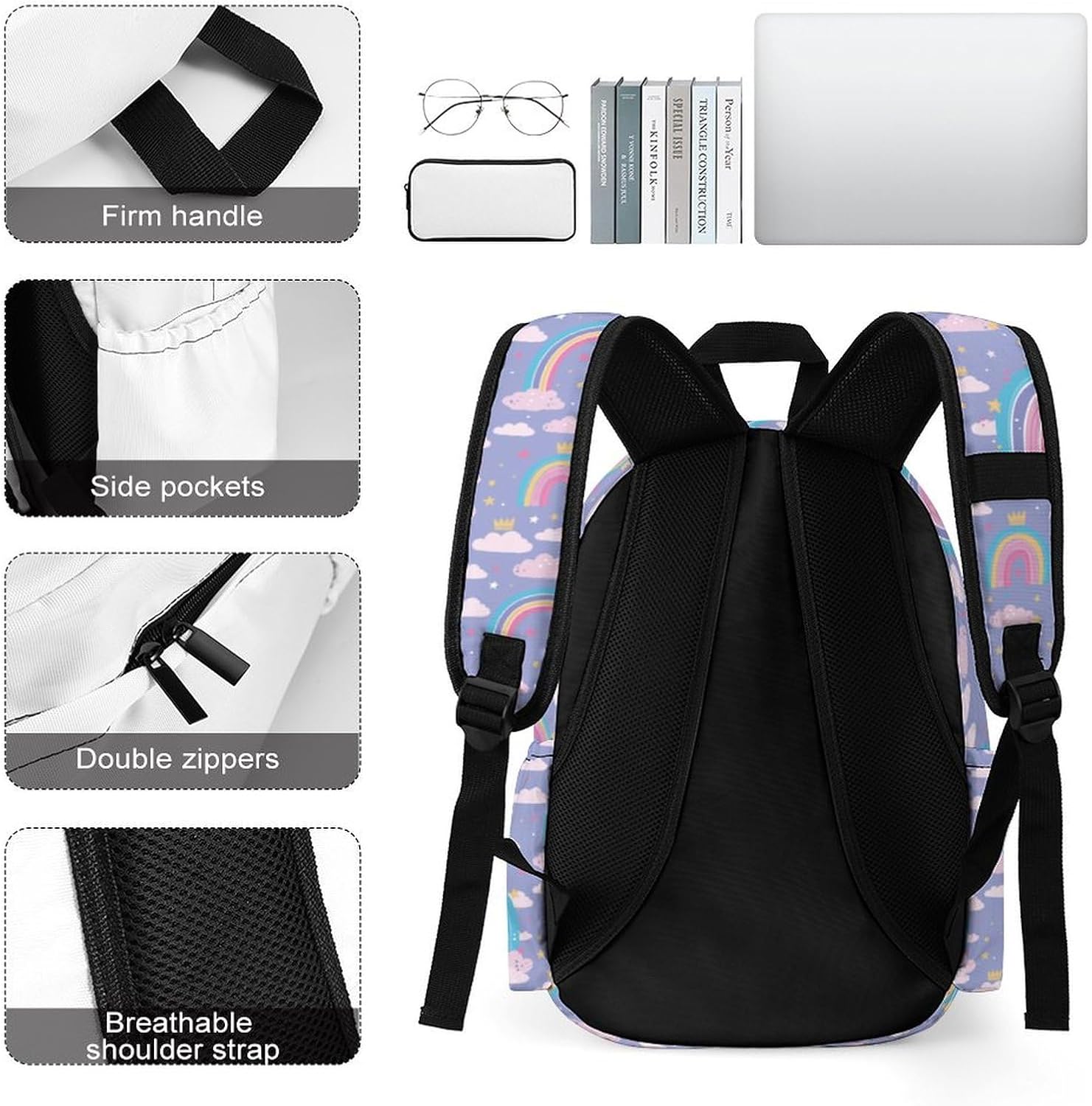 Rainbow Backpack Toddler School Backpack Cartoon Kids Girls 16.5 Inch Oxford Cloth