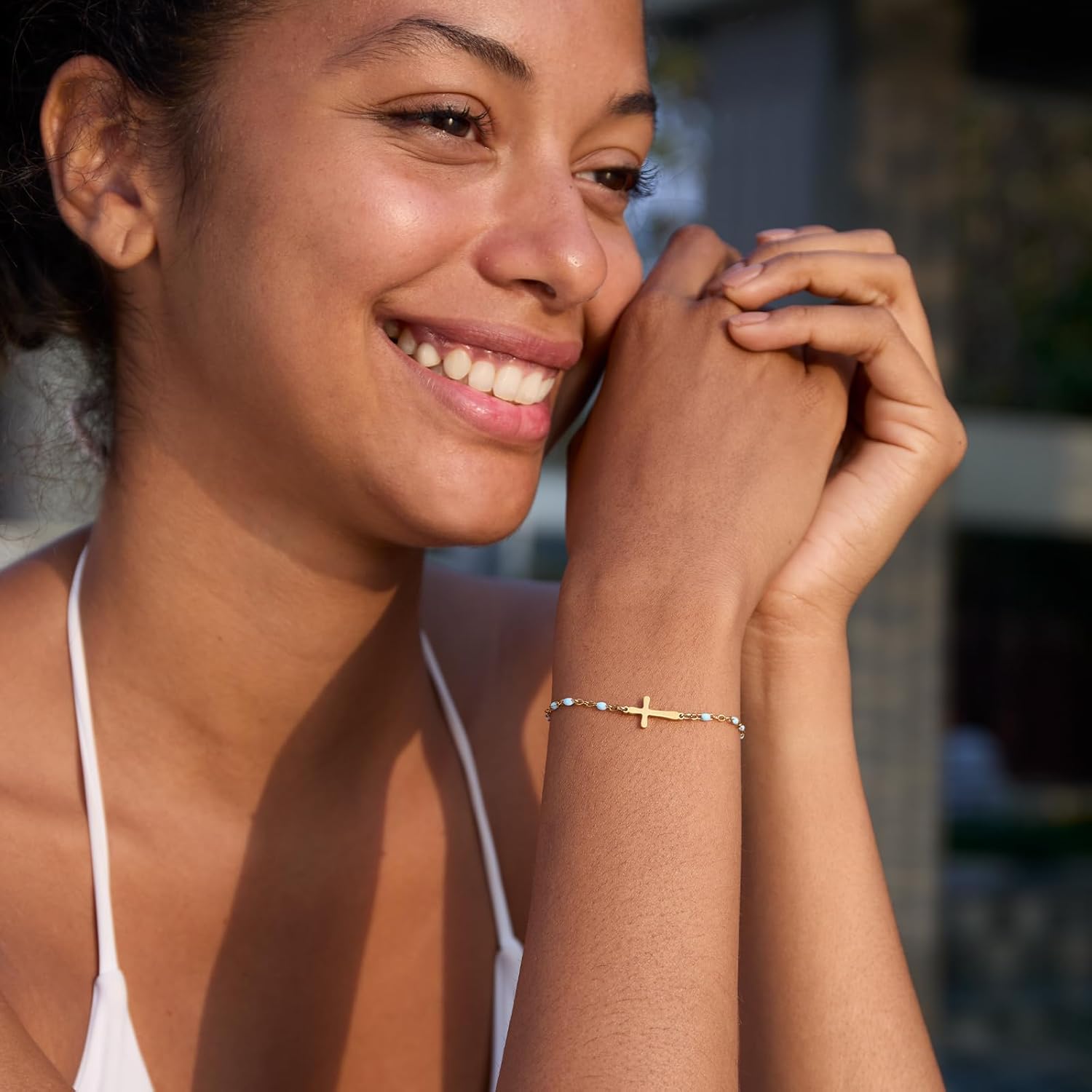 STORYJEWELLERY Cross Bracelet for Women, Gold Plated Charm Bracelets, Blue Beaded Chain Faith Bracelet, Christian Jewelry for Women, Religious Gifts, Confirmation and Bapstism Gifts - Image 3