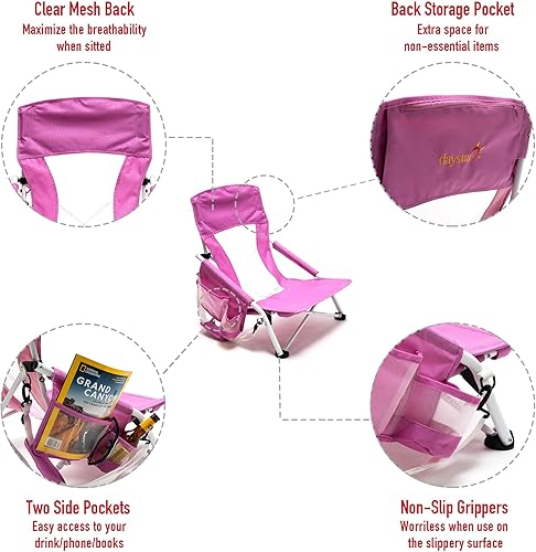 Miniatura 6 de SunnyFeel Silla plegable de camping de playa baja, sillas de mochilero portátiles con respaldo de malla, soporte para tazas, bolsa de transporte