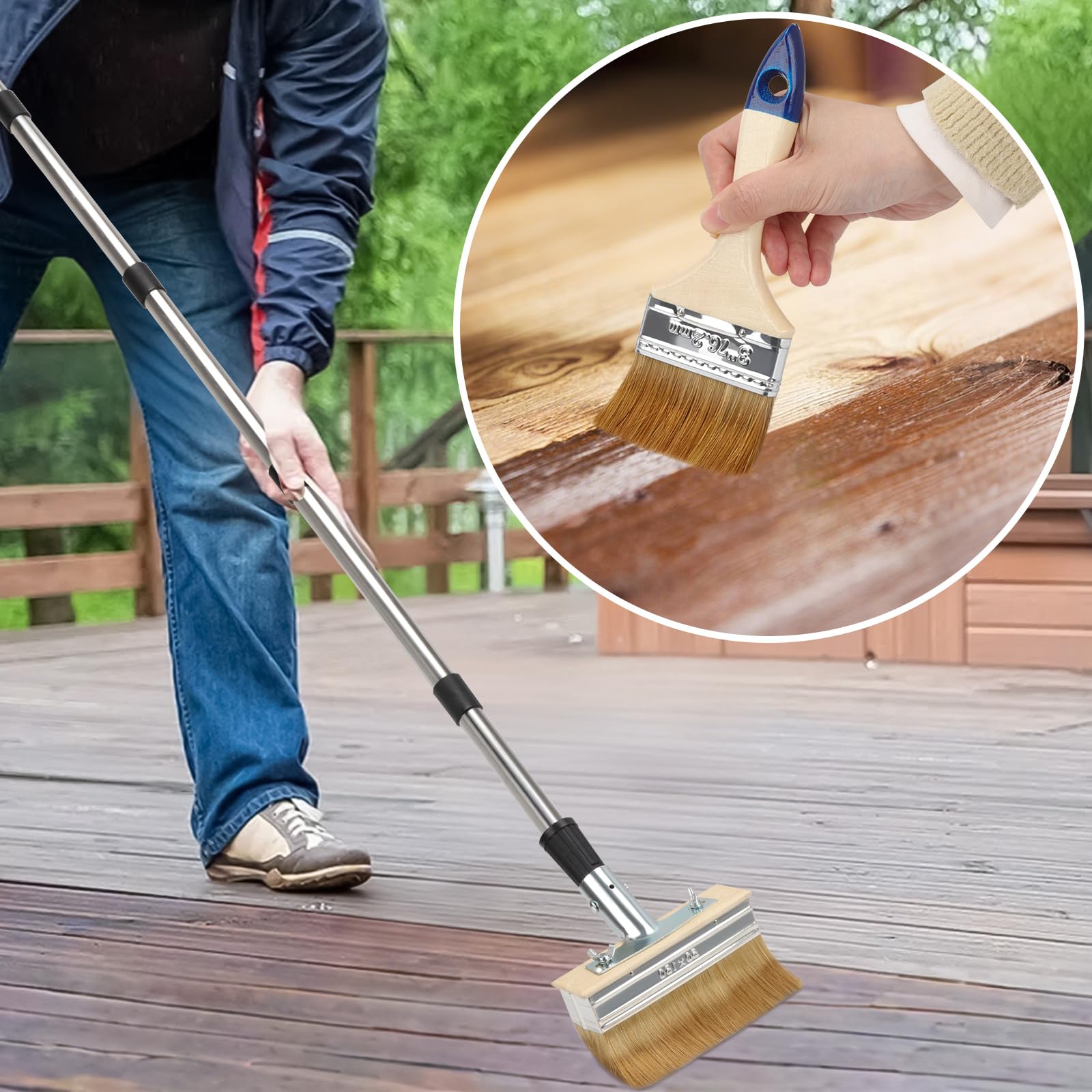 Terrassen-Streichbürste mit Teleskopstiel – 150mm Lasurpinsel & 3-Zoll Malerbürste – inkl. 152 cm Verlängerungsstiel – Streichbürste für Holzterrasse, Zaun, Betonboden, Holzschutz, Öl, Lack, Lasur