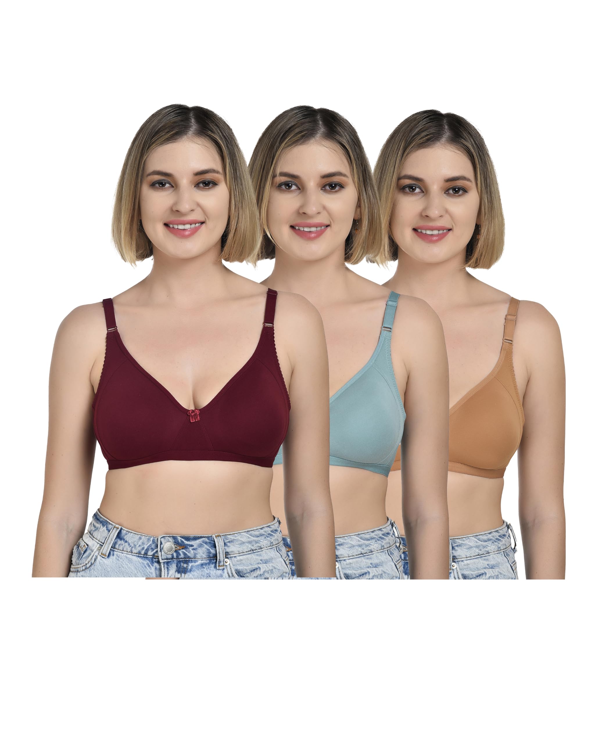 chahat Touch Womens Pack of 3 Non Padded Cotton Rich Seamless Wire-Free T-Shirt Bras Comfortable Everyday Wear-picture-17