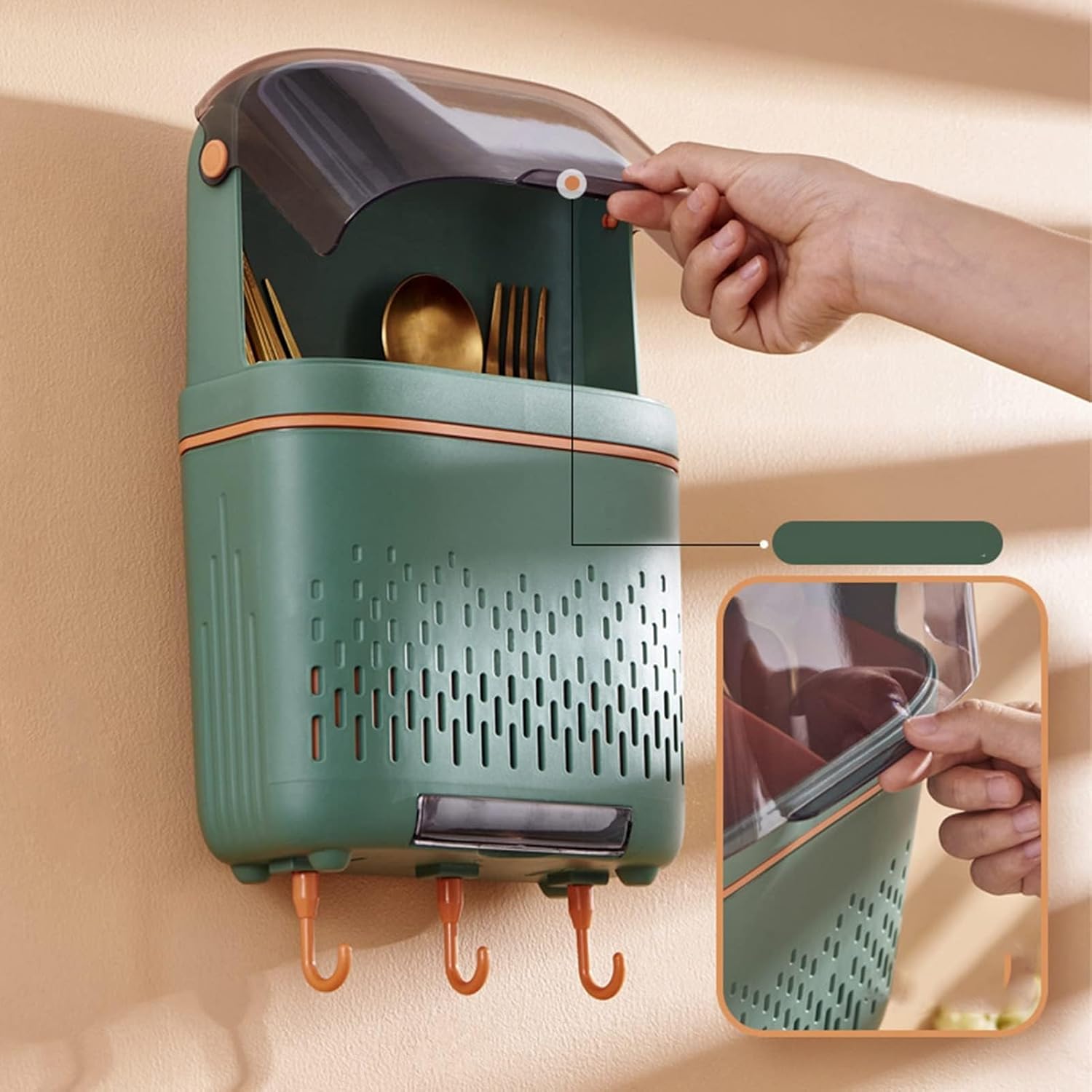 Cyrank Kitchen Utensil Holder, Cutlery Organizer Hanging Rack with Hooks and Dustproof Cover Wall Mount Utensil Rack Detachable Organizer Cookware Cutlery Holder Chopstick Holder for Kitchen, Green