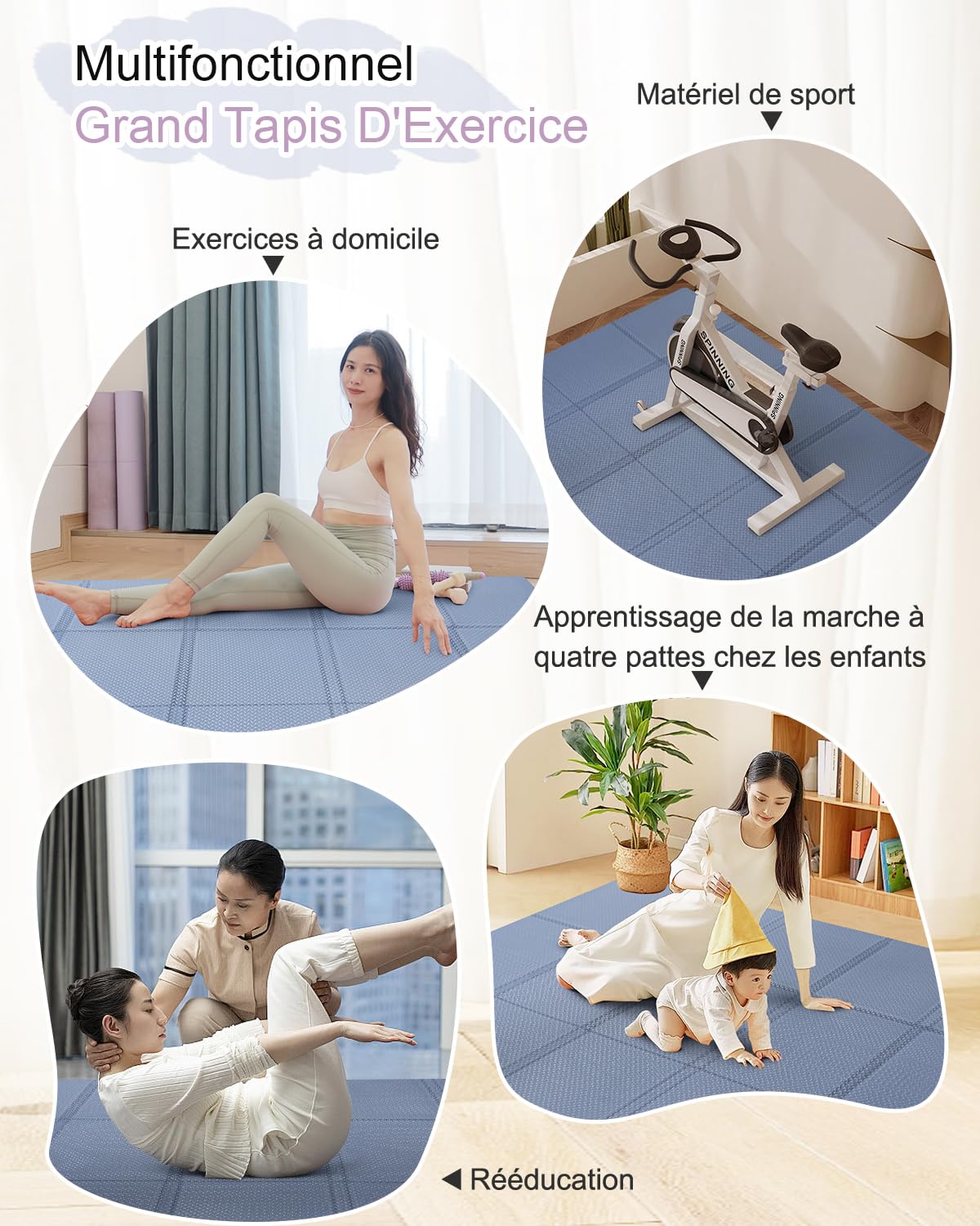 Tapis de yoga pliable XXL - 200 x 130 cm - Antidérapant - En TPE - 5 mm/10 mm d'épaisseur - Avec sac de transport - Pour la maison, les voyages, le pilates