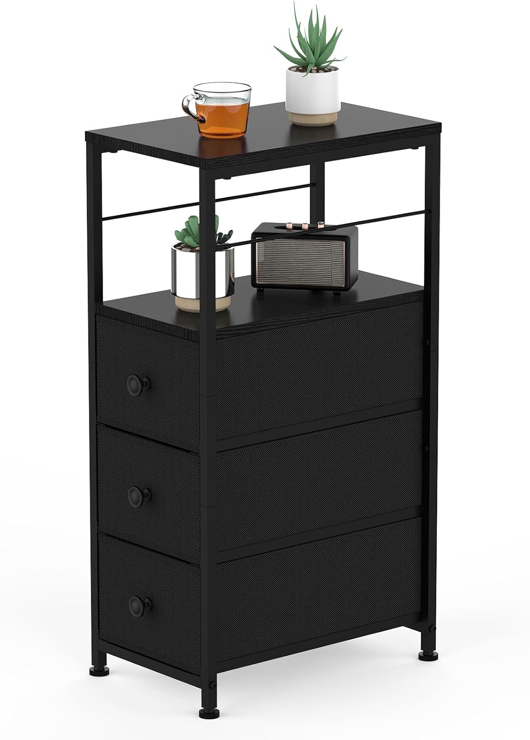 YBING Narrow Dresser, Side Table with 3 Fabric Drawers, Slim Dresser with Open Shelves, Slim Bedside Table for Bedroom, Small Spaces, Black
