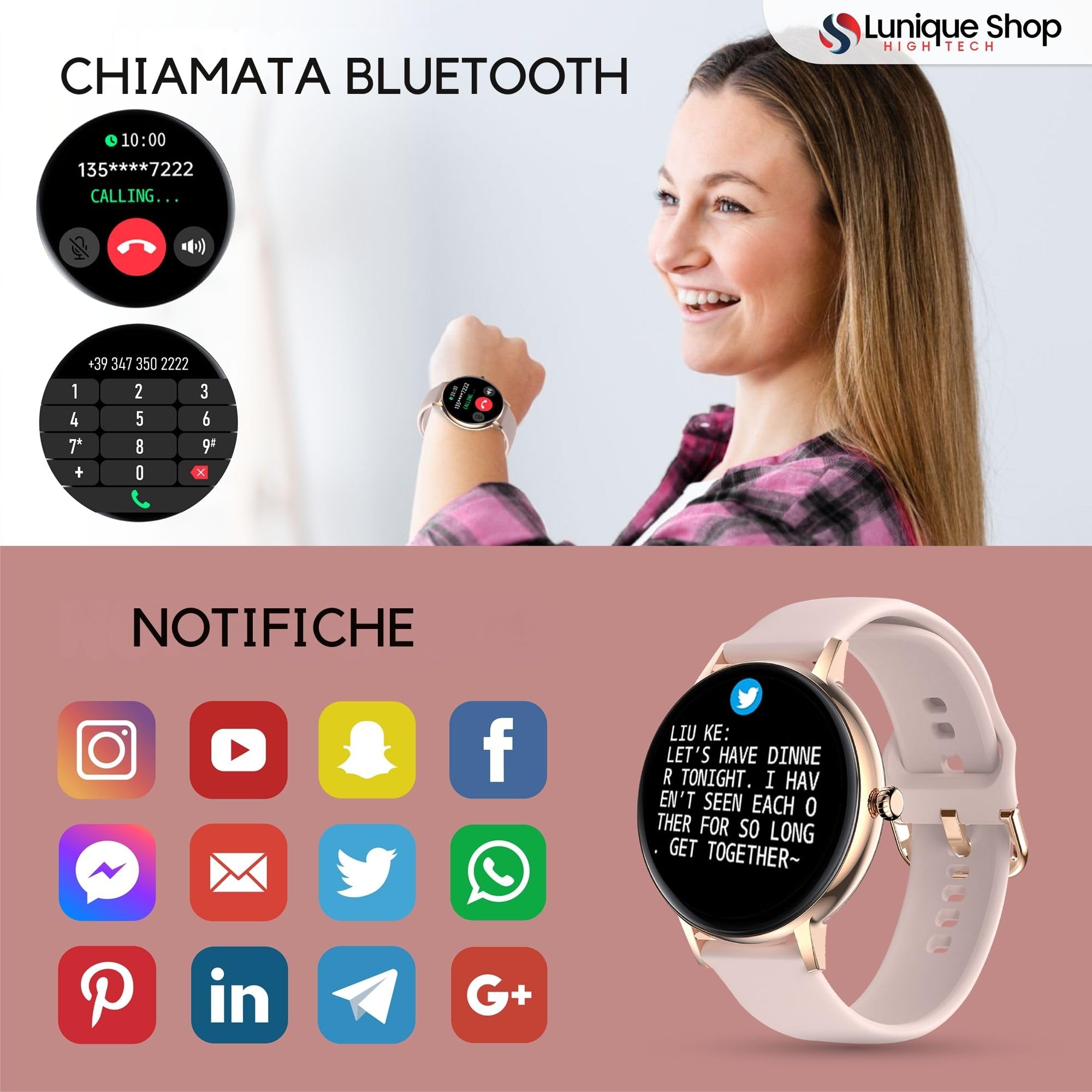 LSCALL Smartwatch donna Chiamata e Risposta, notifiche, messaggi, contapassi, assistente vocale, Orlogio con 2 cinturini, Cardiofrequenzimetro, SpO2,Fitness Sonno per Android iOS 1.7"