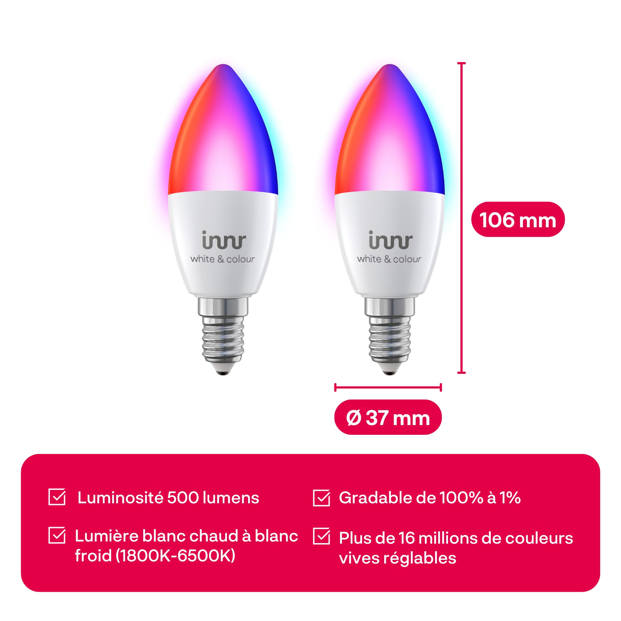 innr Ampoule Connectée E14, White & Colour, pour Hue* & hubs Zigbee, 2-pack | LED Lampe, Bougie, Blanc et Couleur, 16 Millions de Couleurs, RGB Lampe, 500 lumens, Intensité Variable