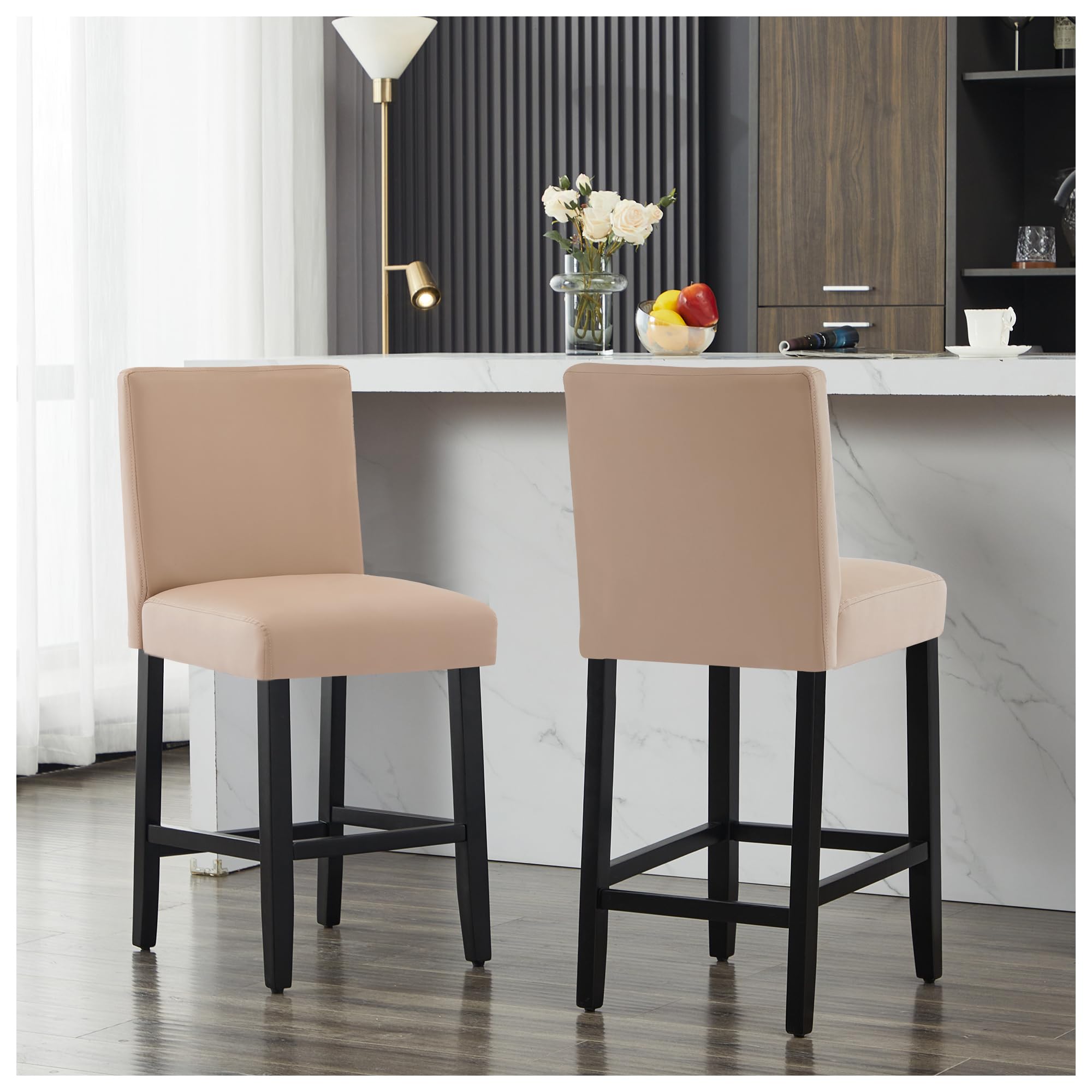 26'' Faux Leather Bar Stools Set of 2, Modern Upholstered Bar Chairs with Back, Soild Wood Legs Barstools for Kitchen Island, Light Brown