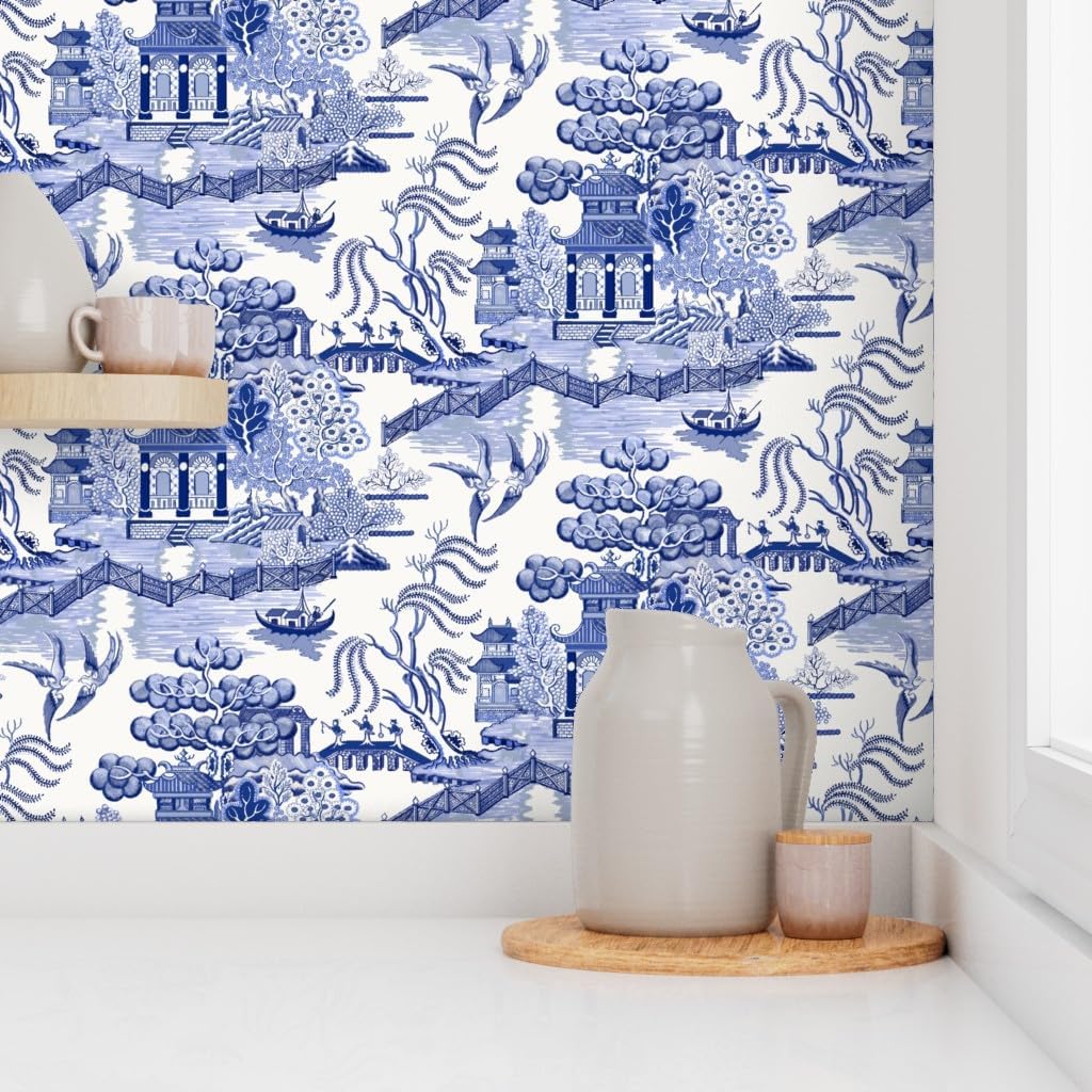 Spoonflower Peel & Stick Wallpaper Swatch - Pagoda Chinoiserie Blue Toile Chinese Botanical Garden Willow Cottagecore Grandmillennial Custom Removable Wallpaper