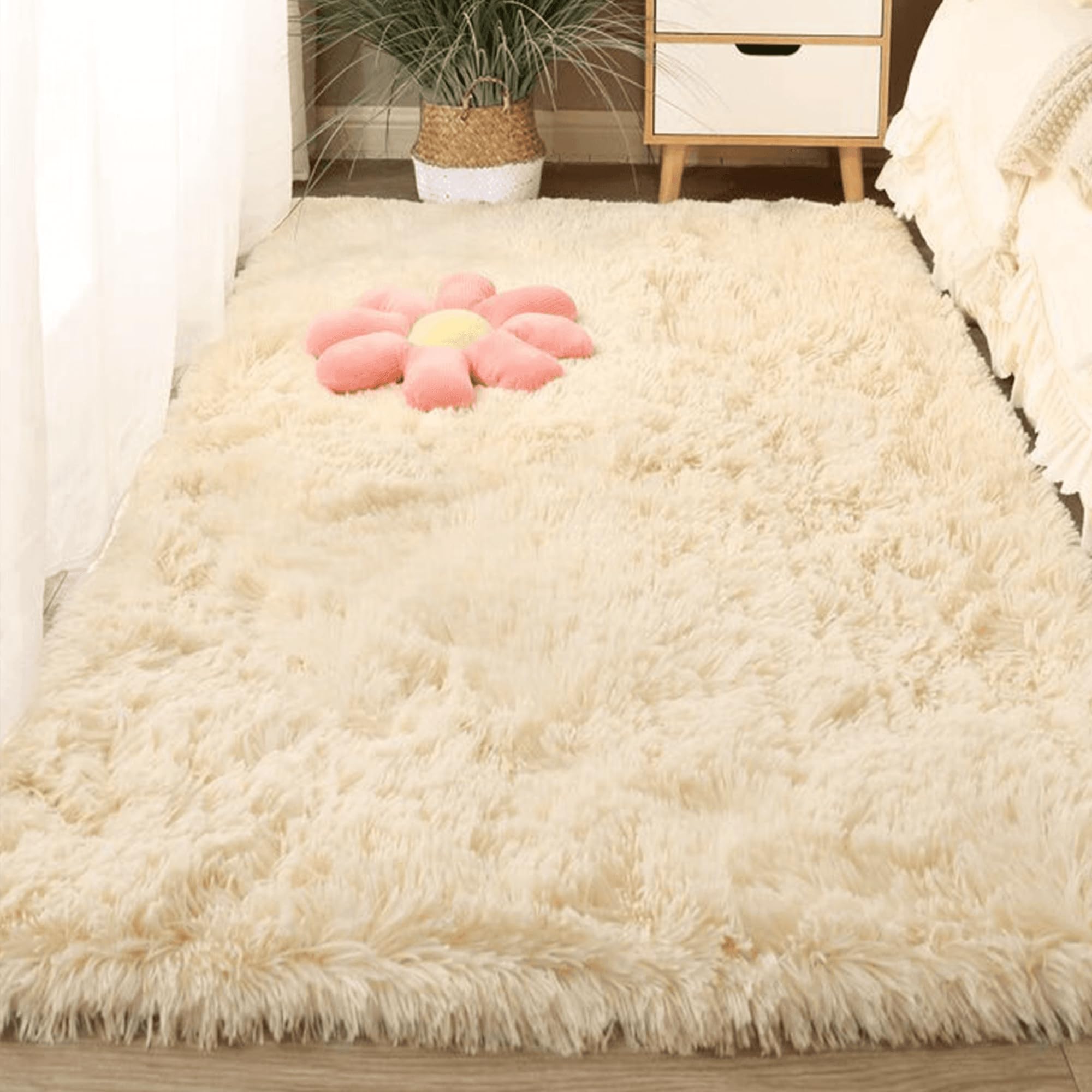 Tapis de salon moelleux crème 160x330 cm shaggy grand format pour chambre moderne