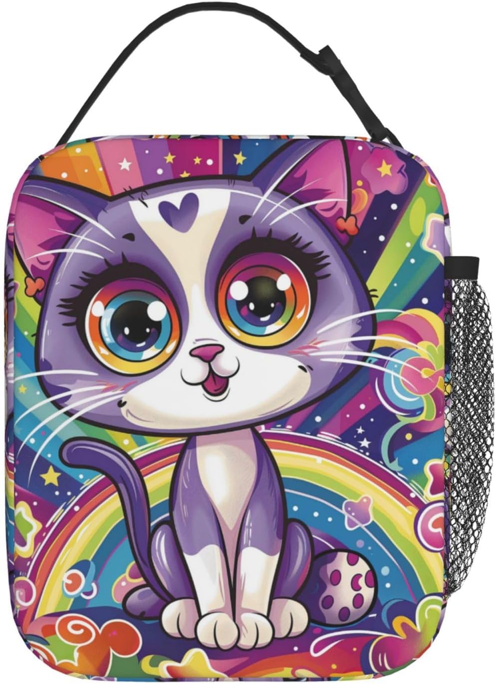 Cute Cat Lunch Box for Kids Aldults, Colorful Cartoon Reusable Thermal Insulation Cooler Tote Bags, Rainbow Star Big Eye Kitten Insulated Bag for Student, School Picnic Camping Travel, Gifts