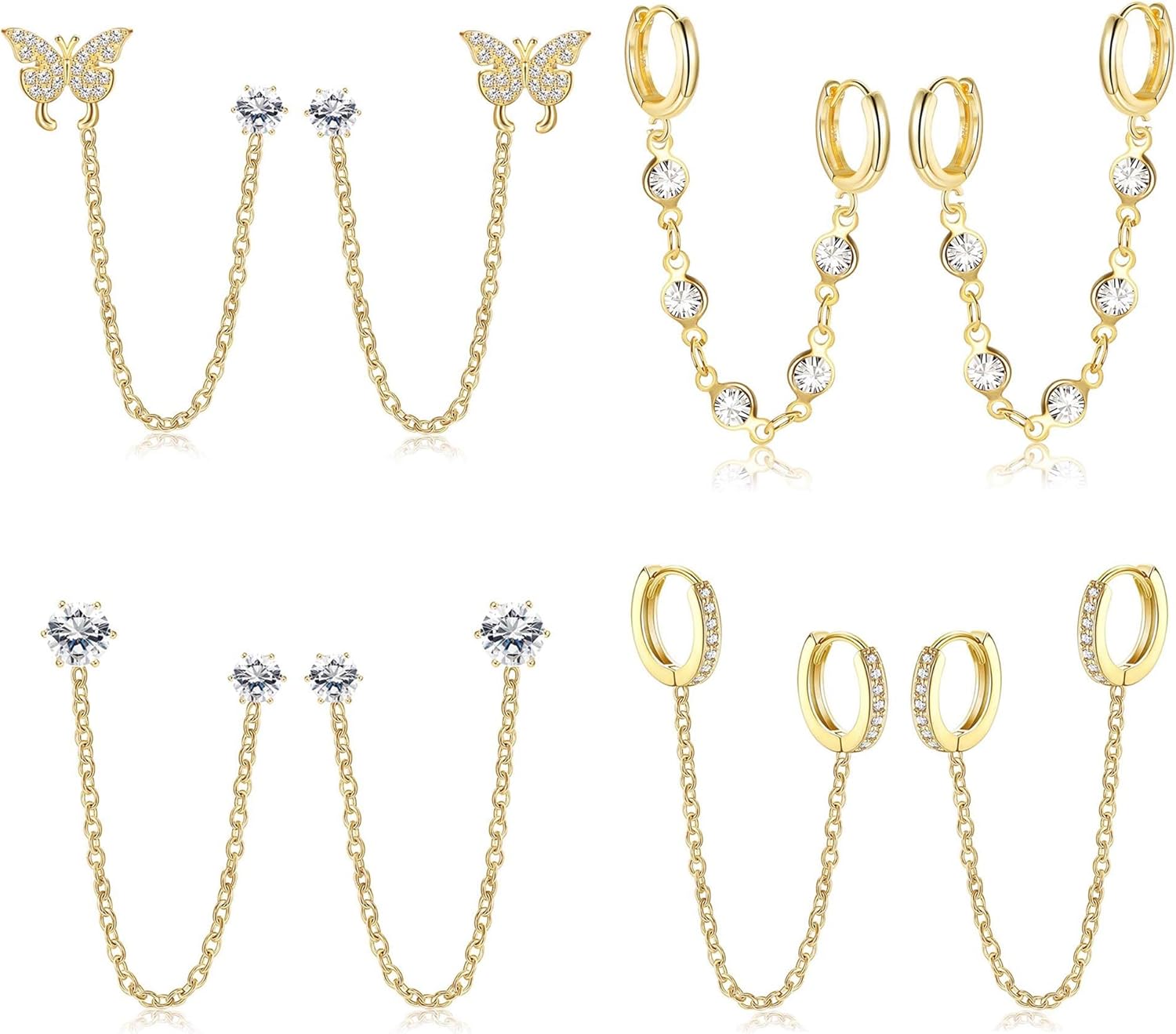 THUNARAZ 4 Pairs Trendy Chain Earrings for Women 14K Gold Plated Double Piercing Butterfly Dangle Hoop Earrings Sparkled CZ Chain Hoop Cartilage Studs Earrings Set