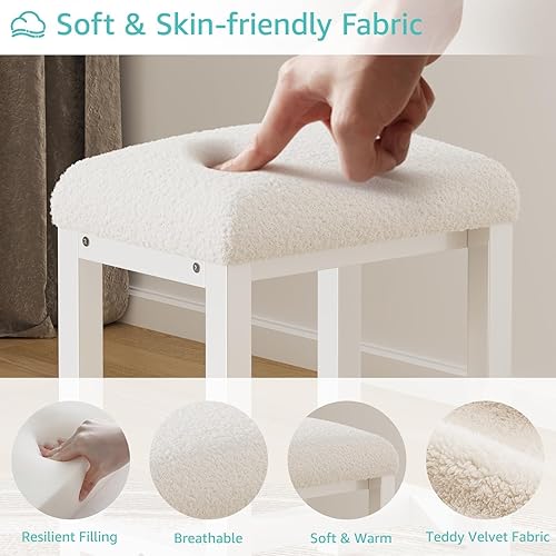 Miniatura 7 de Taburete de tocador pequeño, bonitos taburetes de tocador con cojín de piel sintética, silla de maquillaje blanca para espacios pequeños, sala de