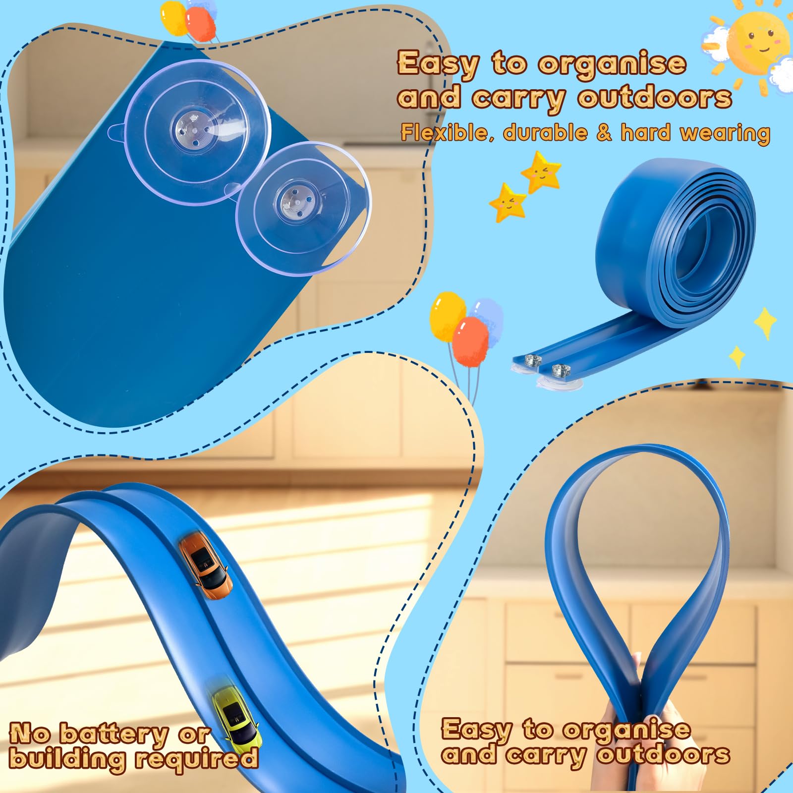 Flex Track - Juego de iniciación de 15 pies, pista de rampa flexible para autos de carreras para edades de 3 años en adelante con ventosas, compatible con autos fundidos a presión 1/64 8