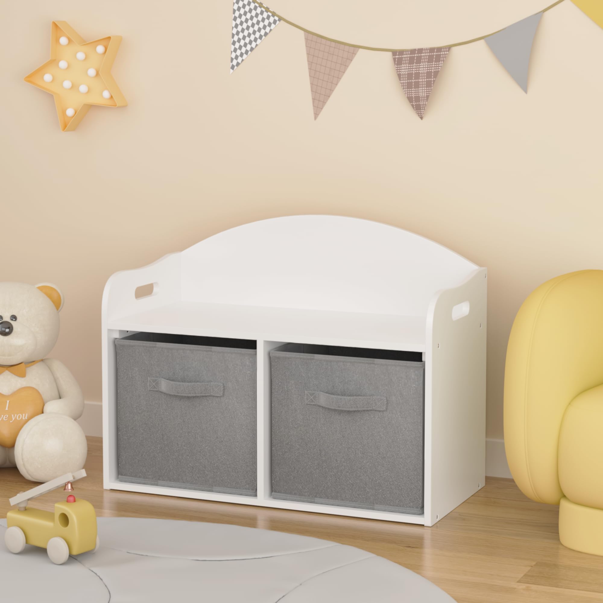 Wooden Toy Box,Bench with Collapsible Fabric Drawers,Toy Storage Cabinet Organizer, White